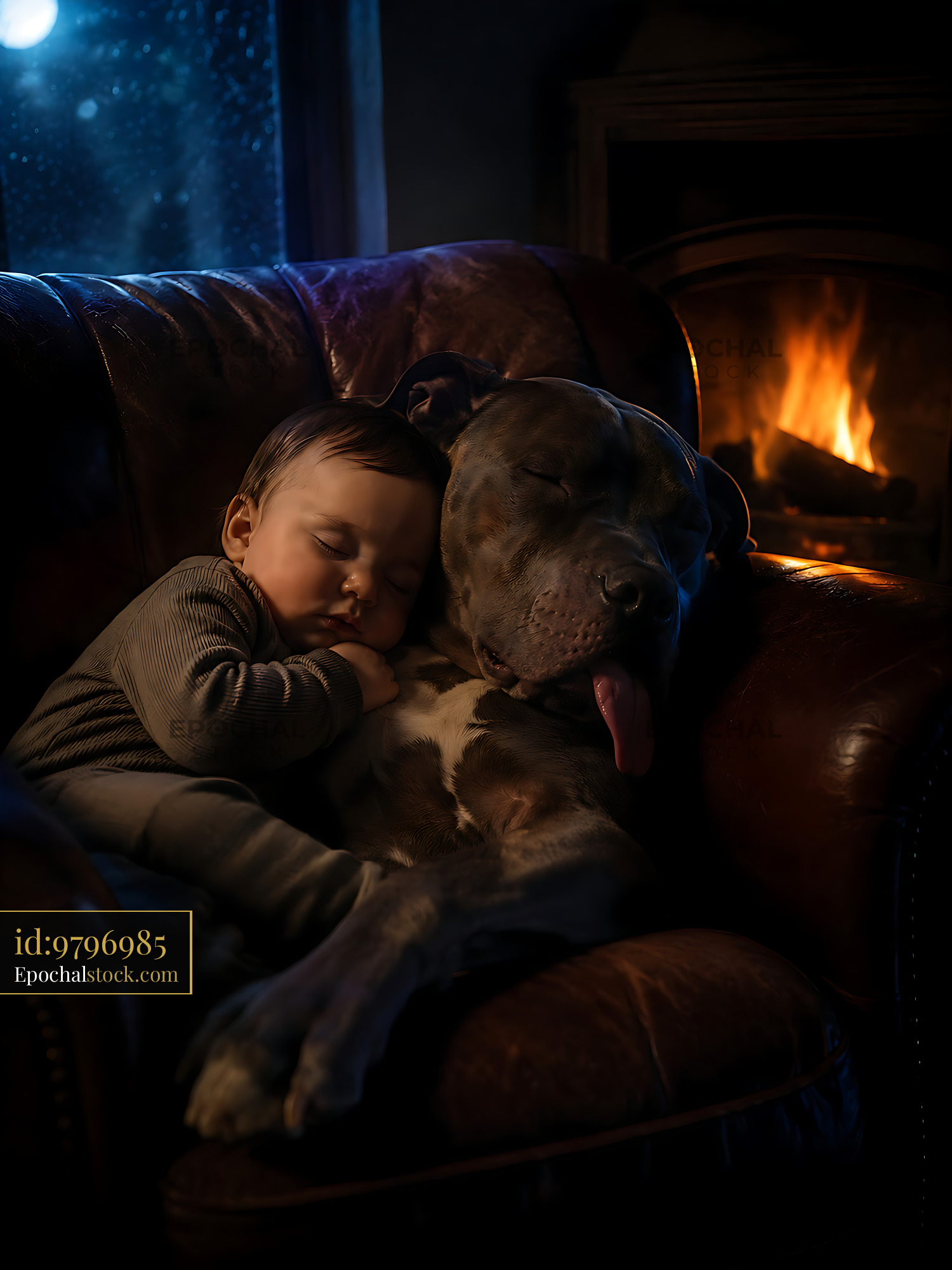 Watermarked full-resolution preview of Baby sleeping next to dog on a couch by the fireplace