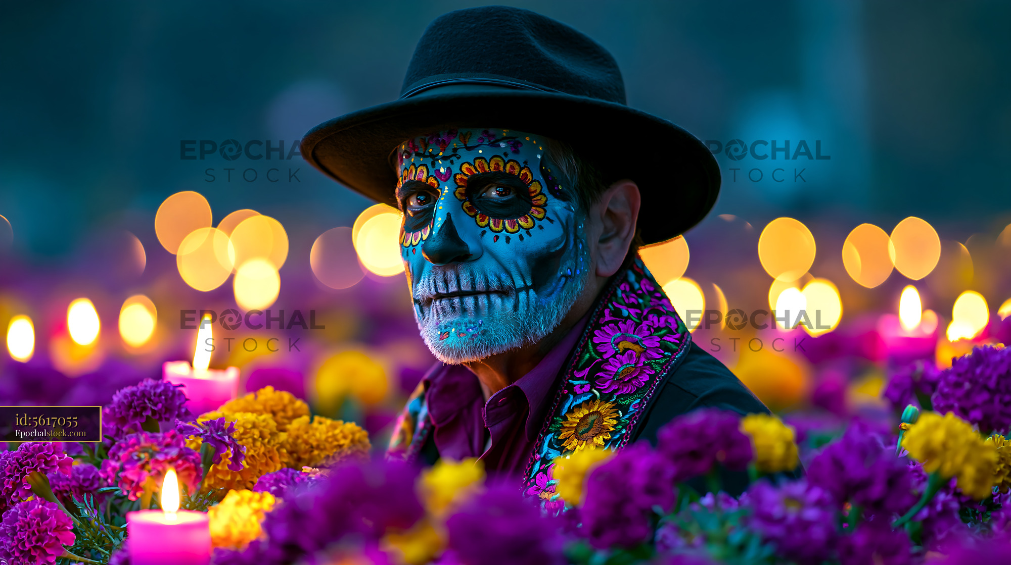 Watermarked full-resolution preview of Colorful face-painted portrait with flowers and candles
