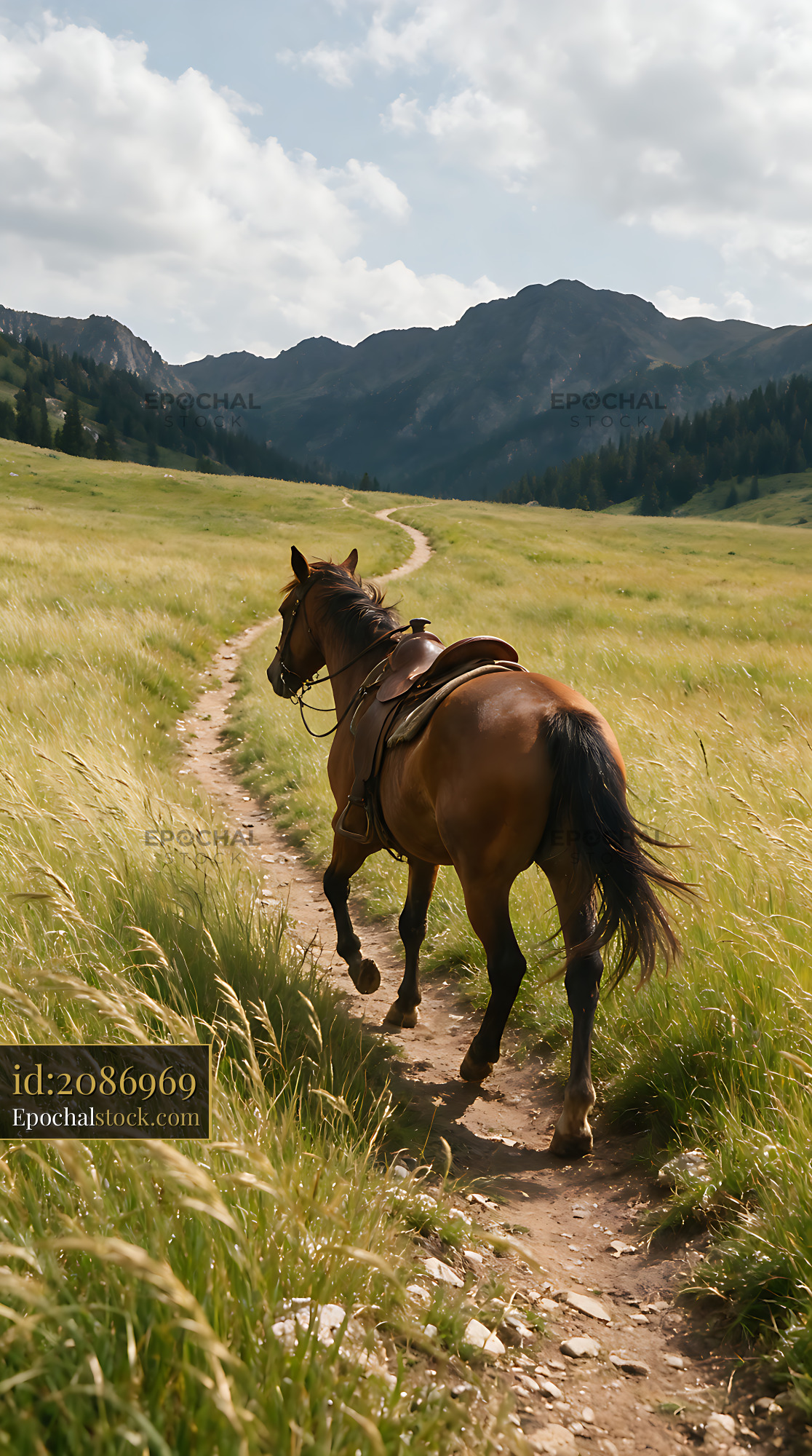 Watermarked full-resolution preview of Horse Riding on a Mountain Meadow Trail