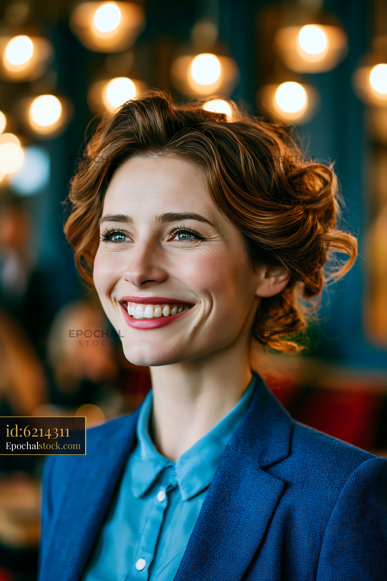 Watermarked full-resolution preview of Woman smiling in a cafe with warm lights in the background