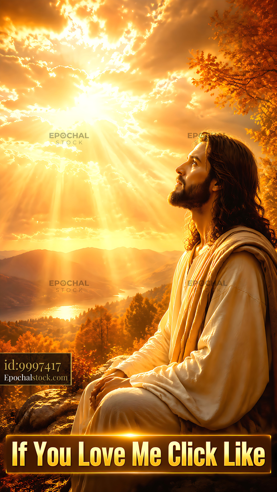 Watermarked full-resolution preview of Sunlit figure meditating by mountain lake during sunset