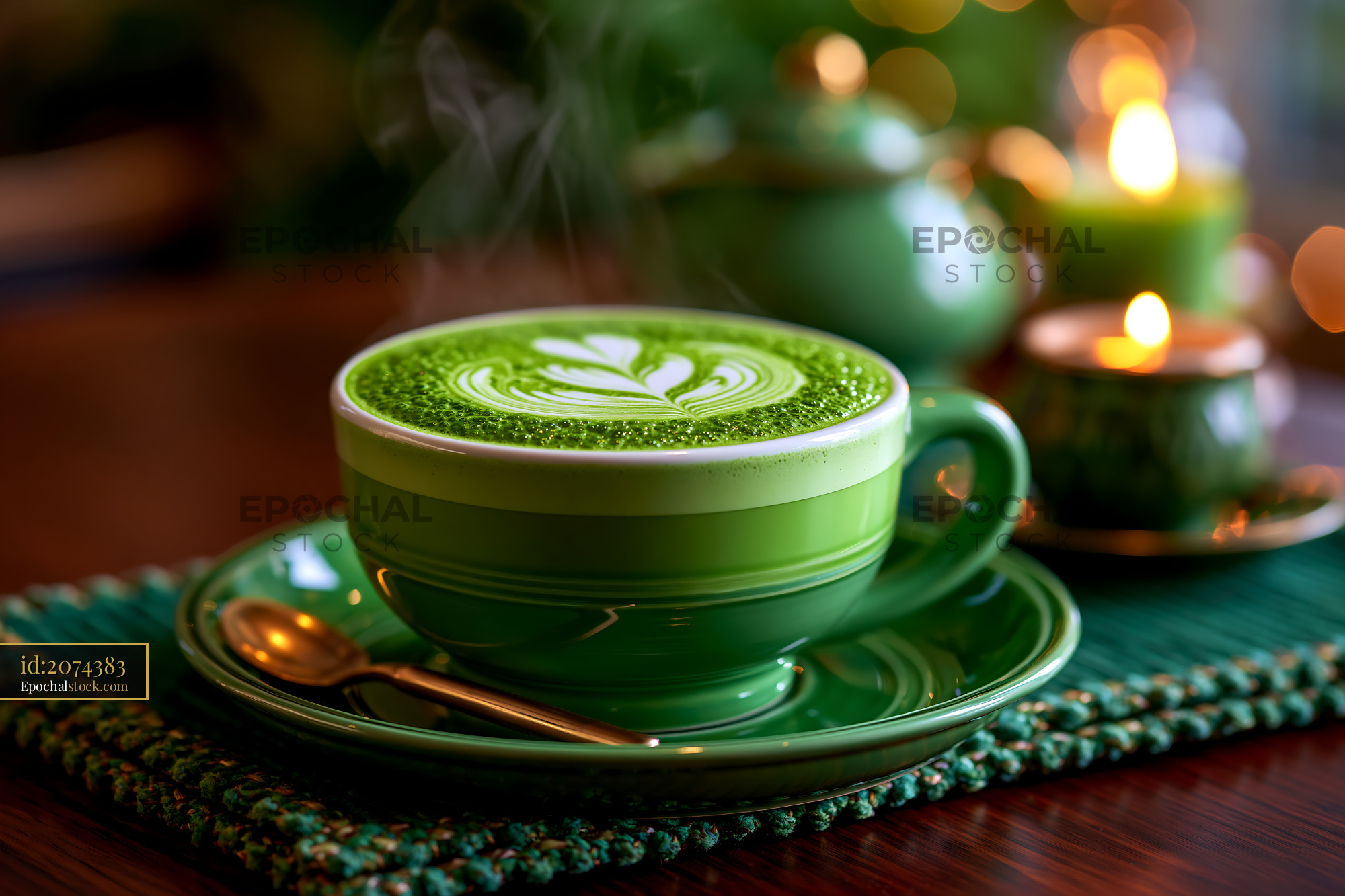 Watermarked full-resolution preview of Green matcha latte on a wooden table with candles