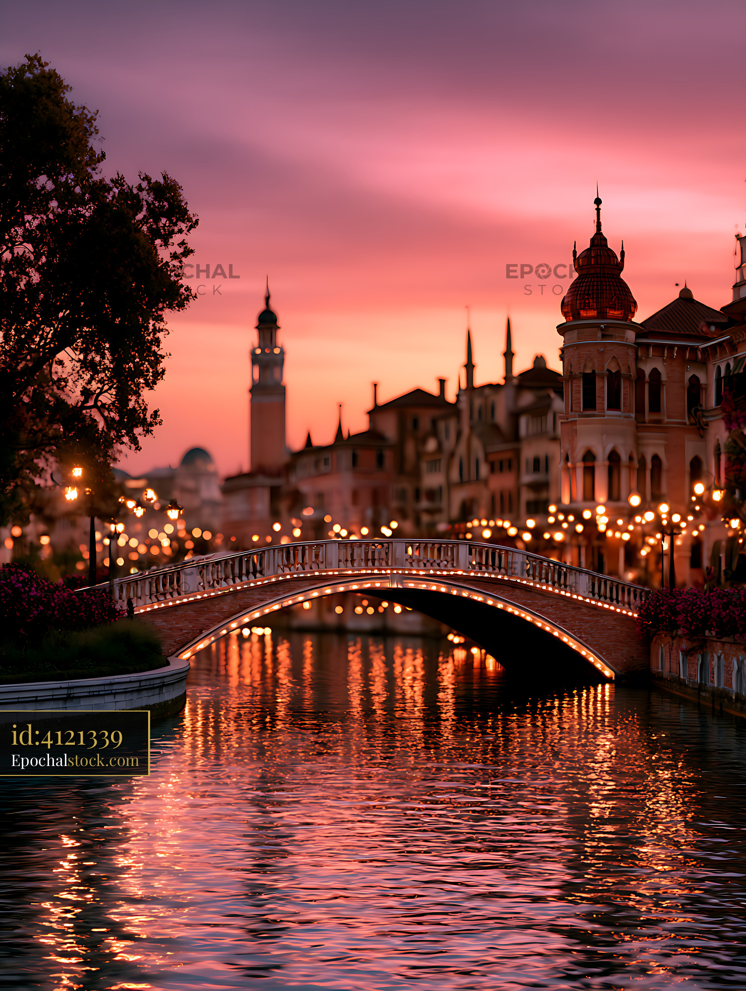 Watermarked full-resolution preview of Pink sunset over an illuminated canal bridge