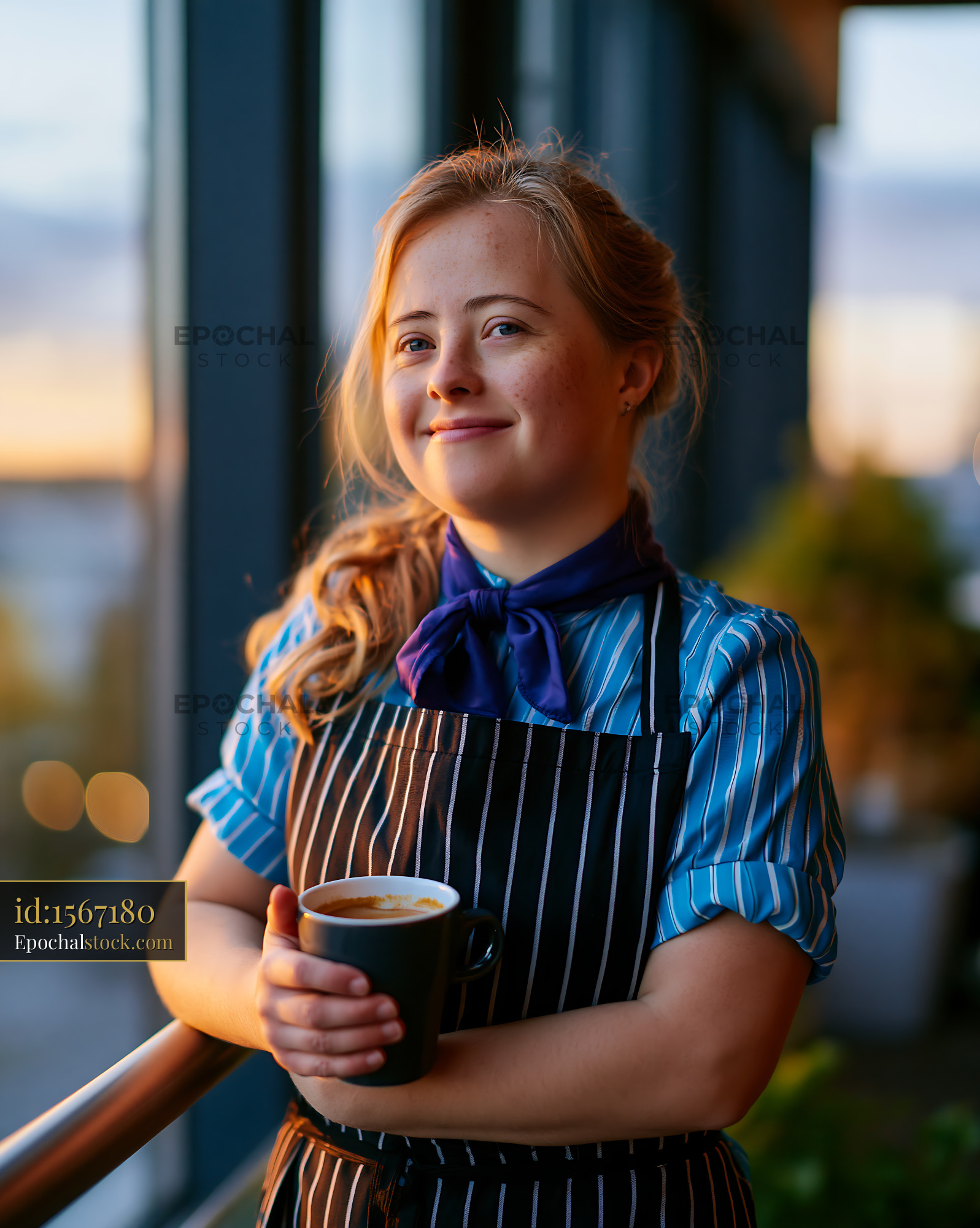 Watermarked full-resolution preview of Barista holding a cup of coffee in a cafe during sunset