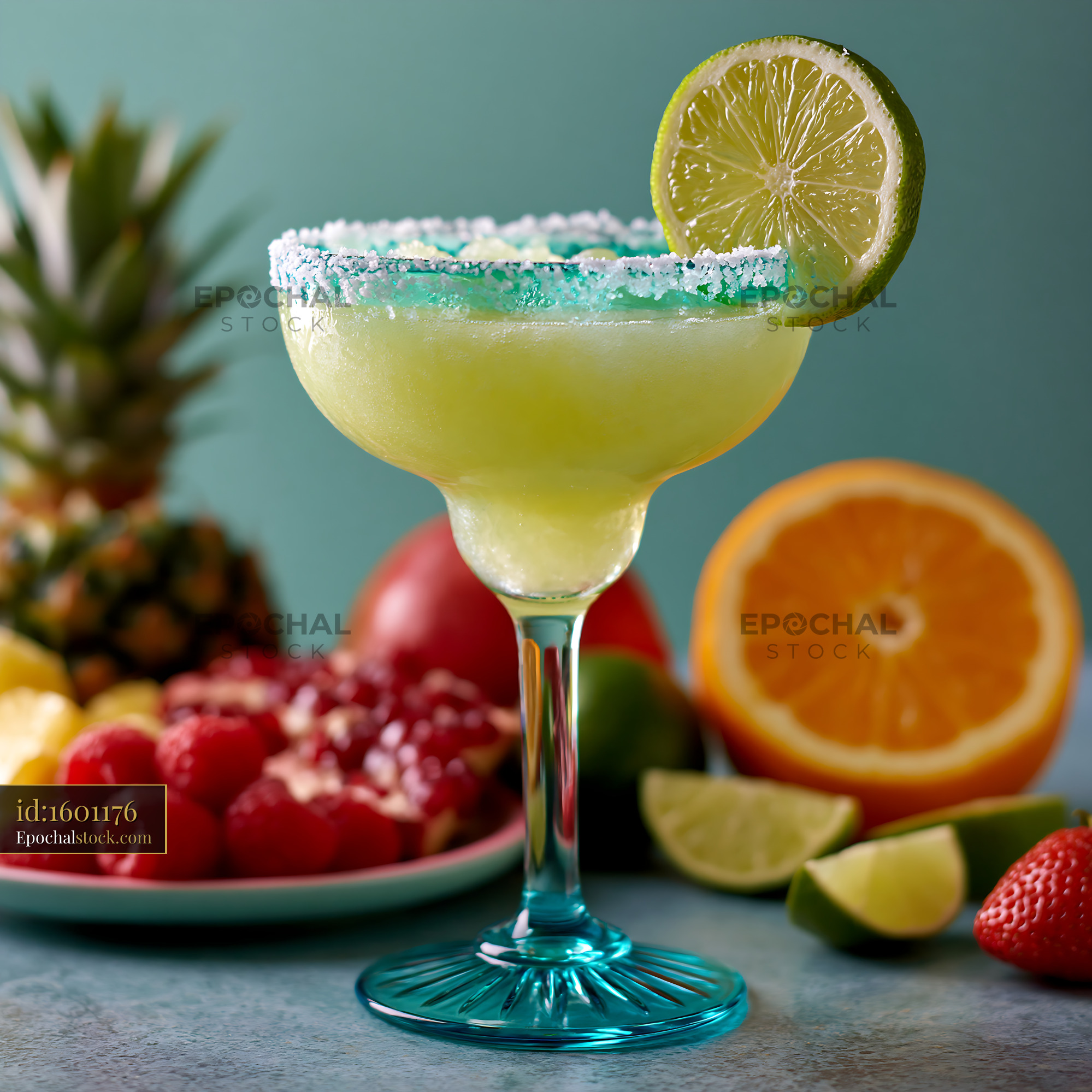 Watermarked full-resolution preview of Fresh margarita with lime slice and assorted fruits in background