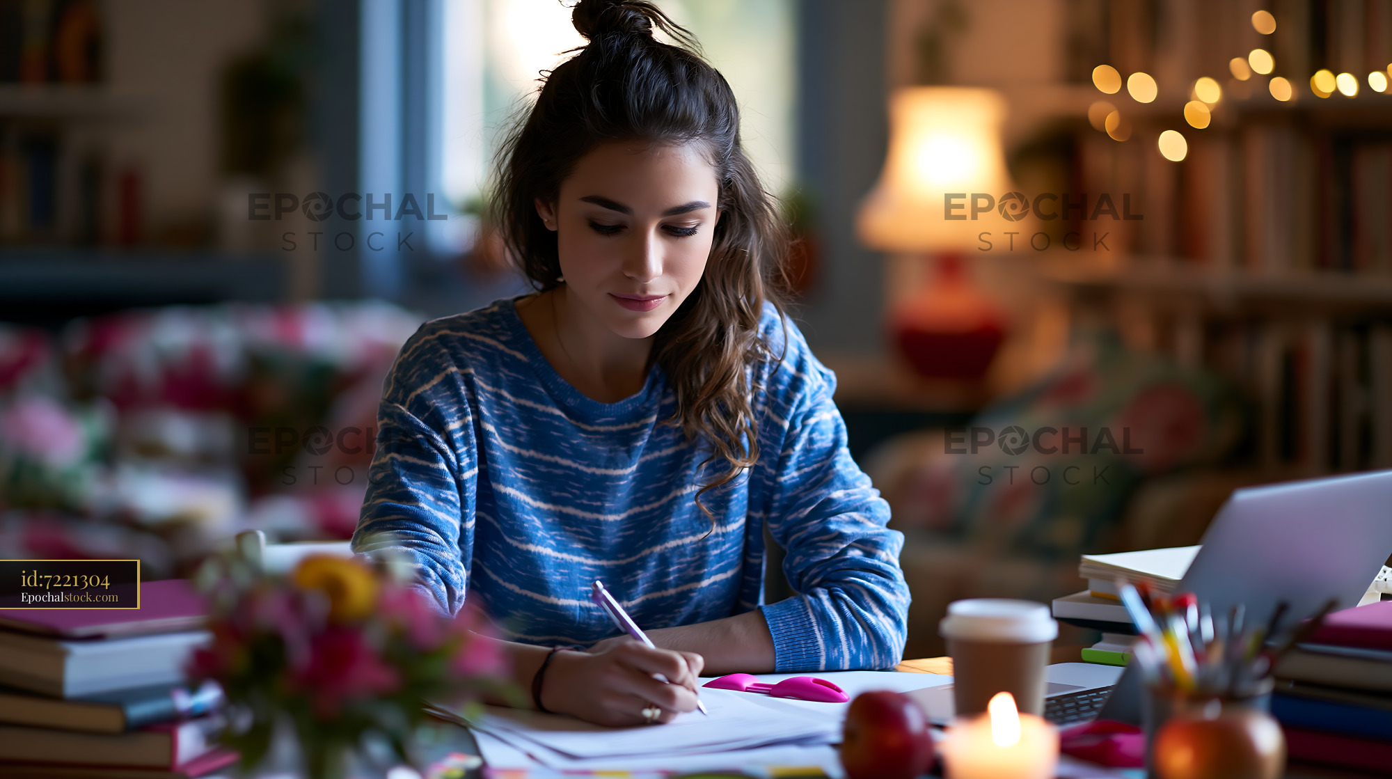 Watermarked full-resolution preview of Young woman studying at a table in a cozy indoor space