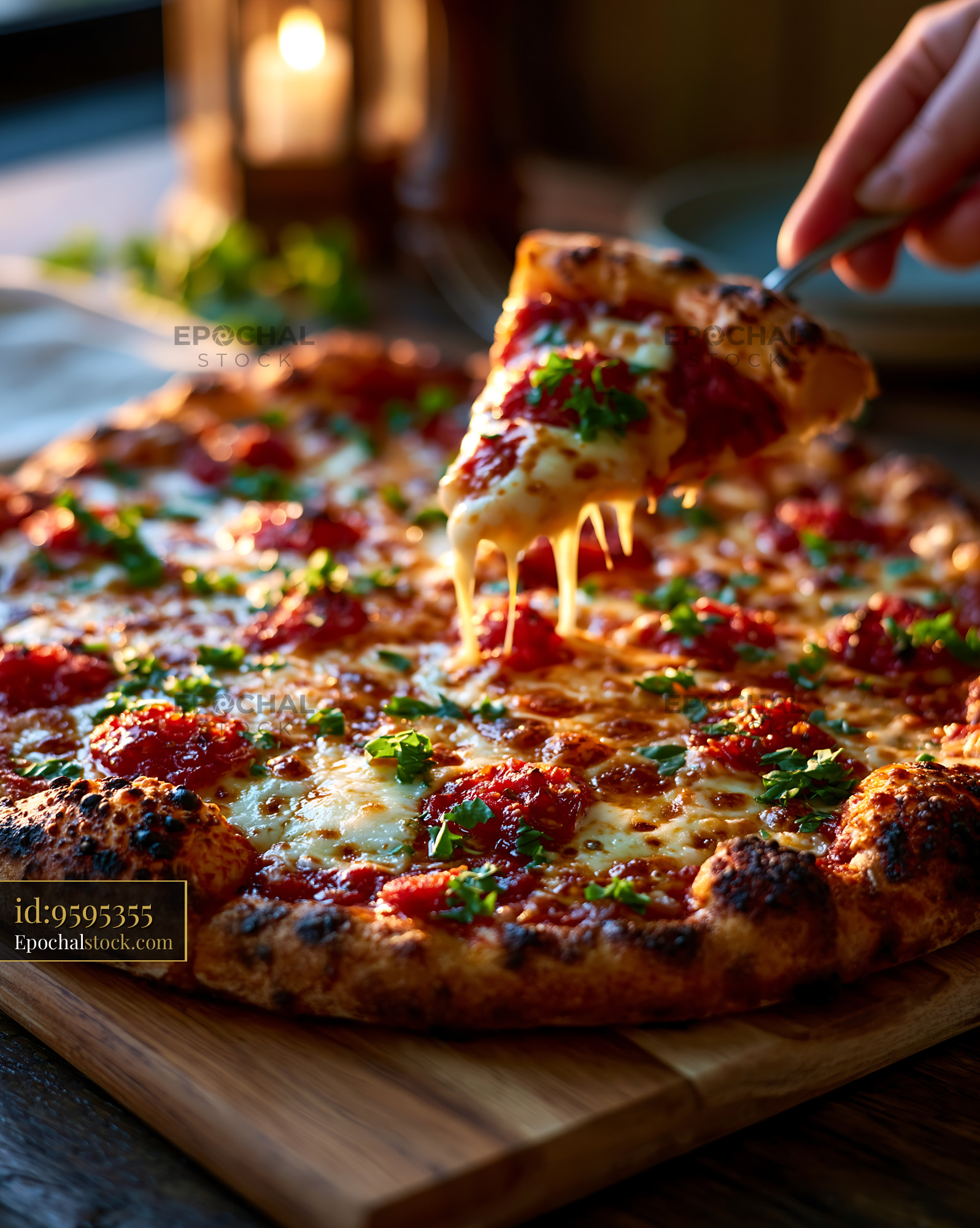 Watermarked full-resolution preview of Cheese pizza with tomato sauce and fresh herbs on a wooden table