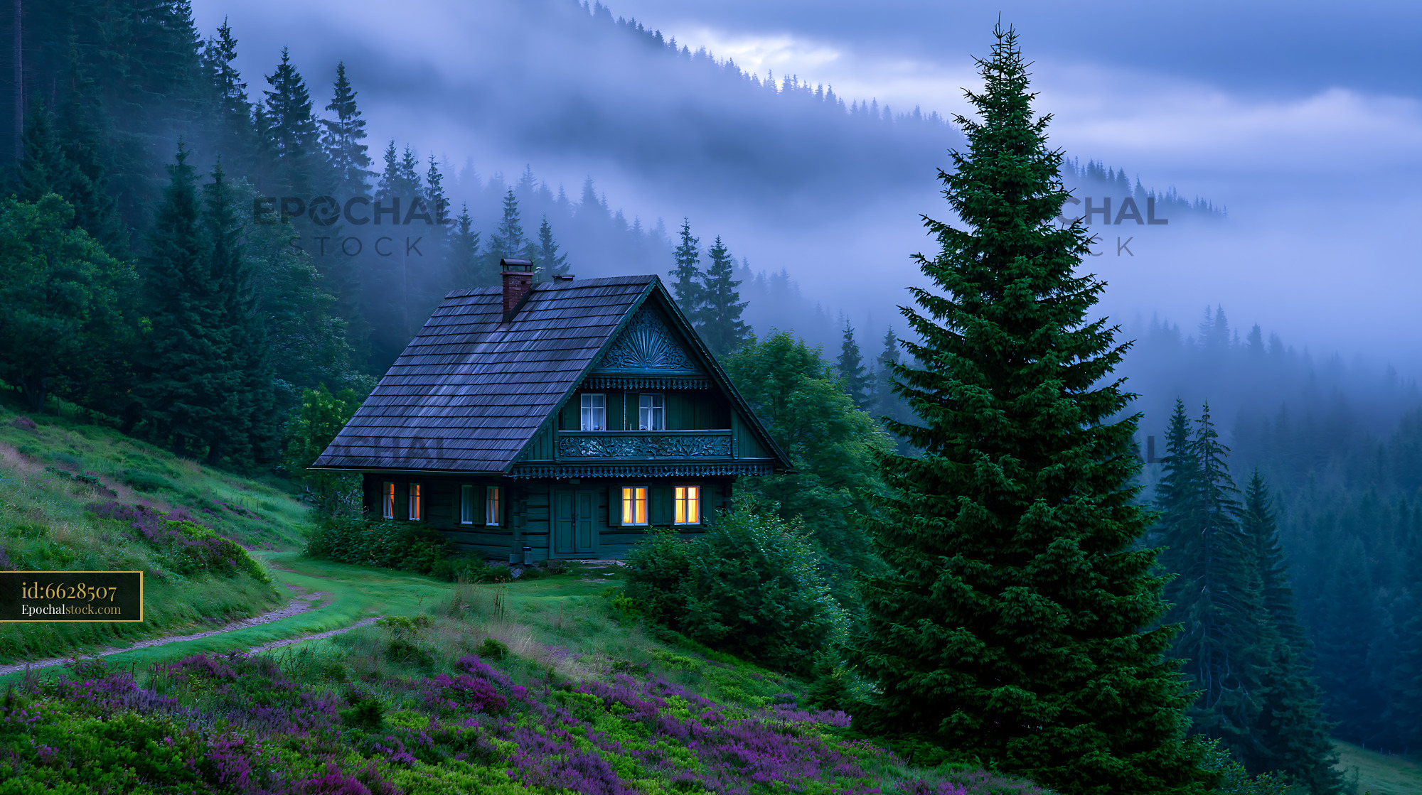 Watermarked full-resolution preview of Foggy evening with a house surrounded by trees and flowers
