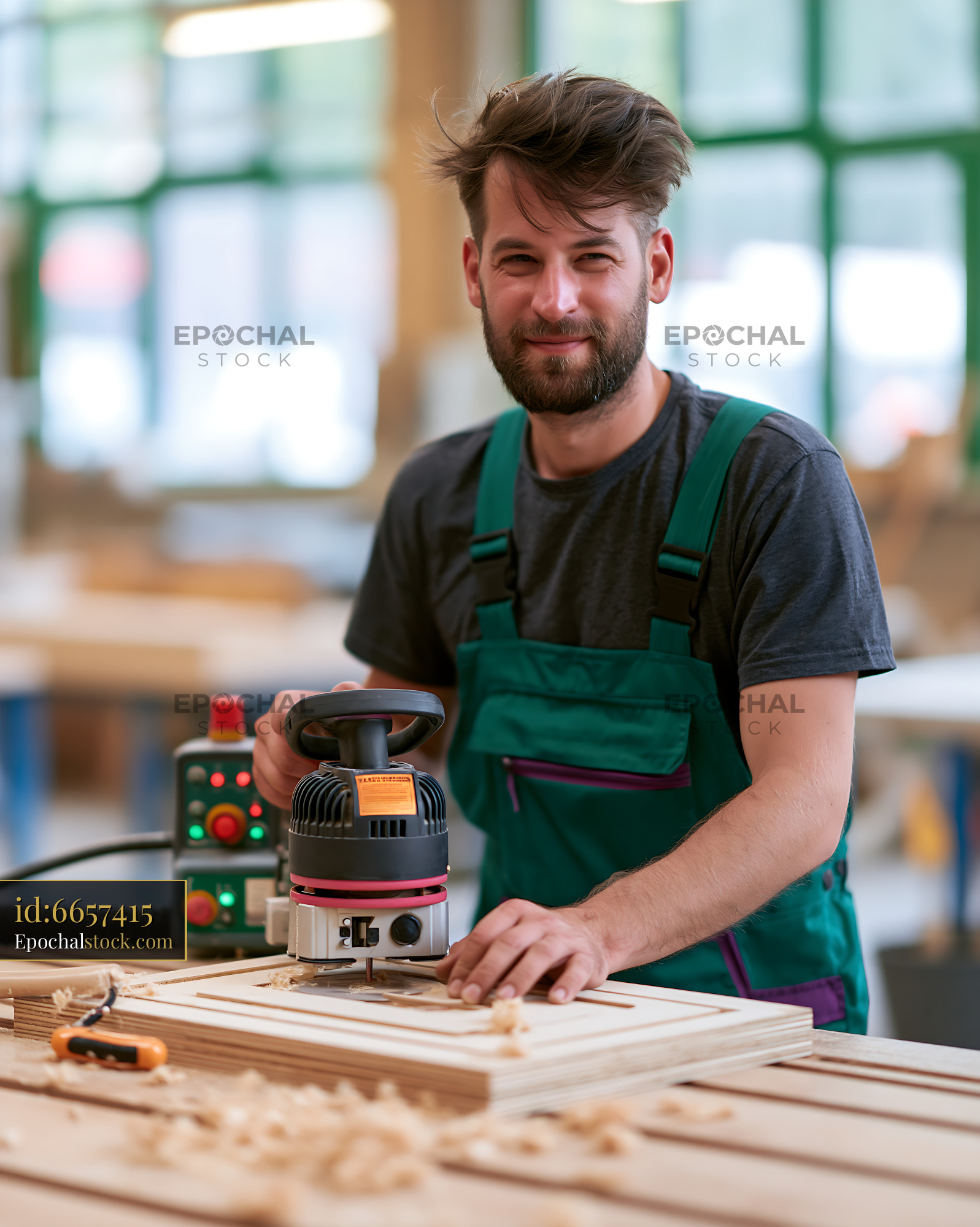 Watermarked full-resolution preview of Woodworker Using a Router on a Wooden Board