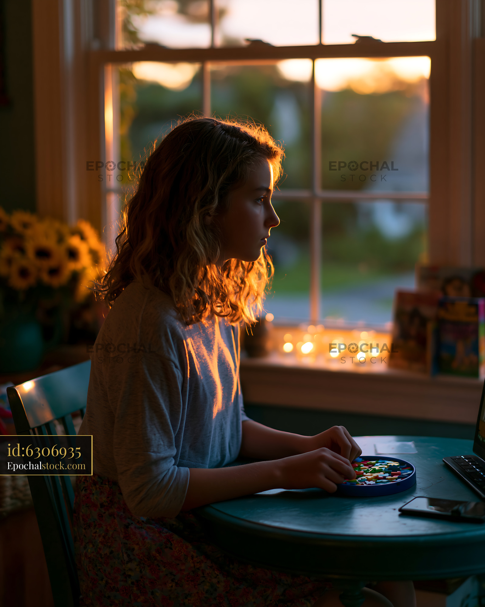 Watermarked full-resolution preview of Girl sitting at table near window during sunset