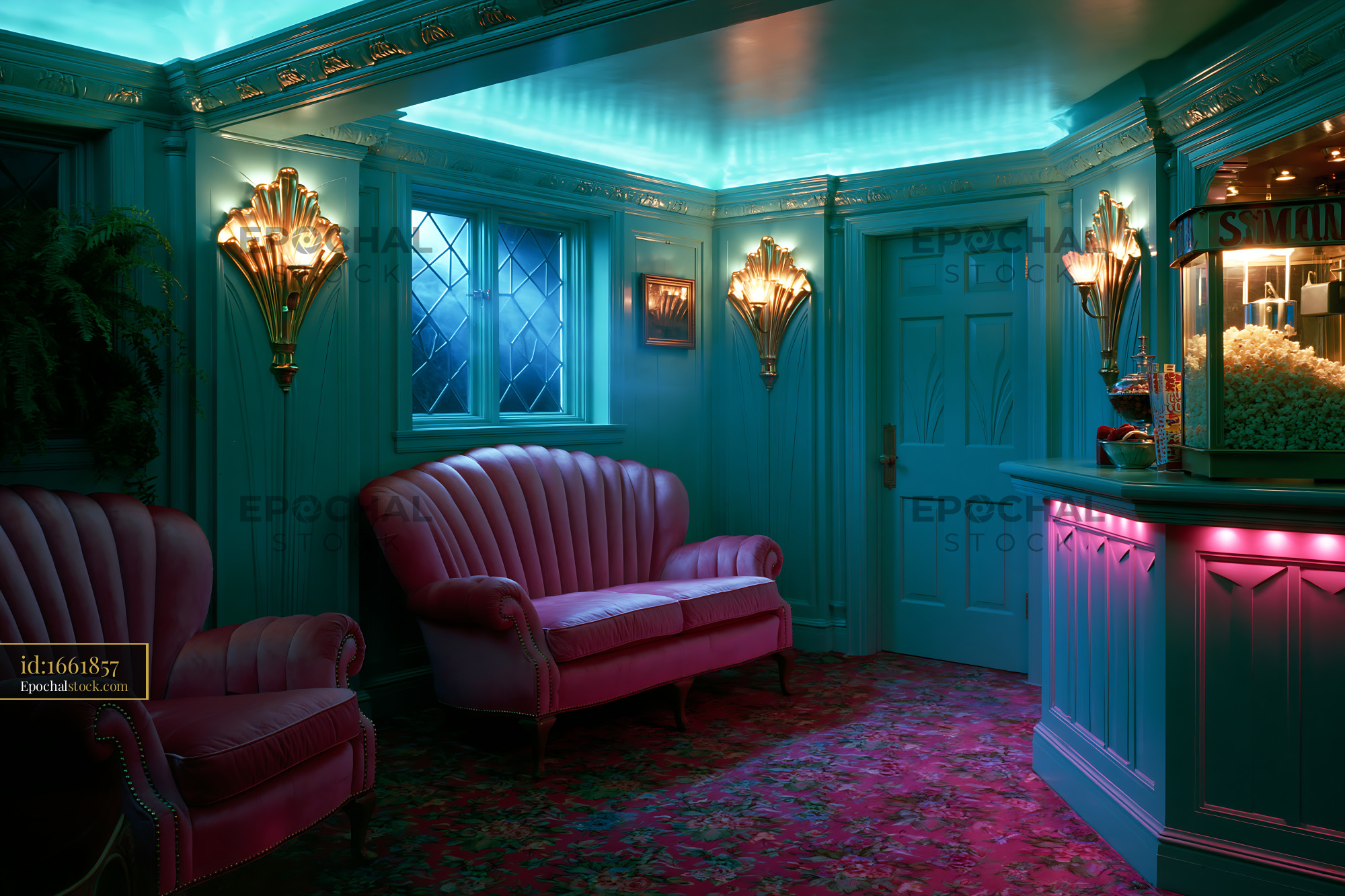 Watermarked full-resolution preview of Vintage style lobby with soft pink furniture and blue lighting