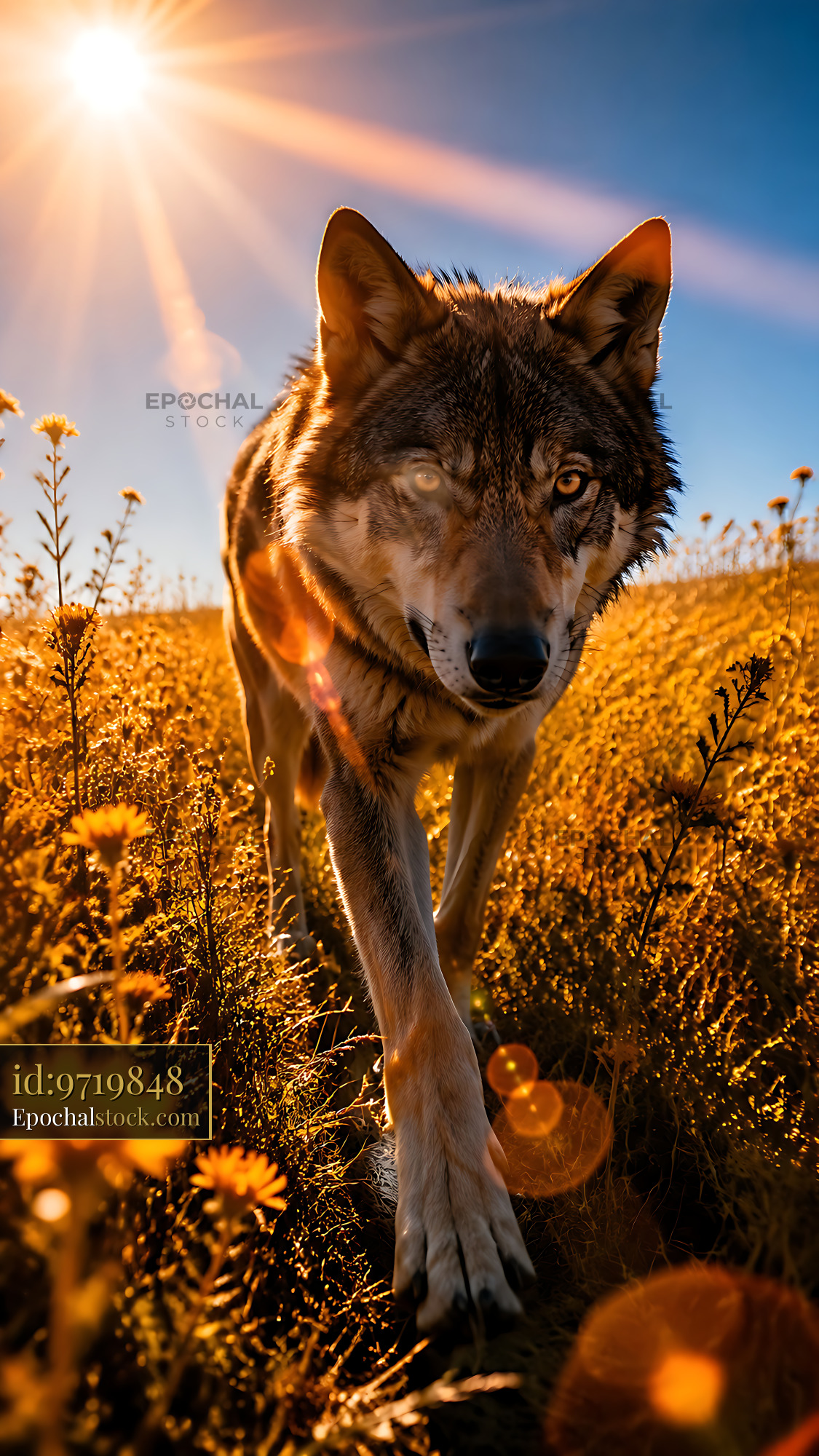 Watermarked full-resolution preview of Wolf walking through a field of flowers under bright sunlight