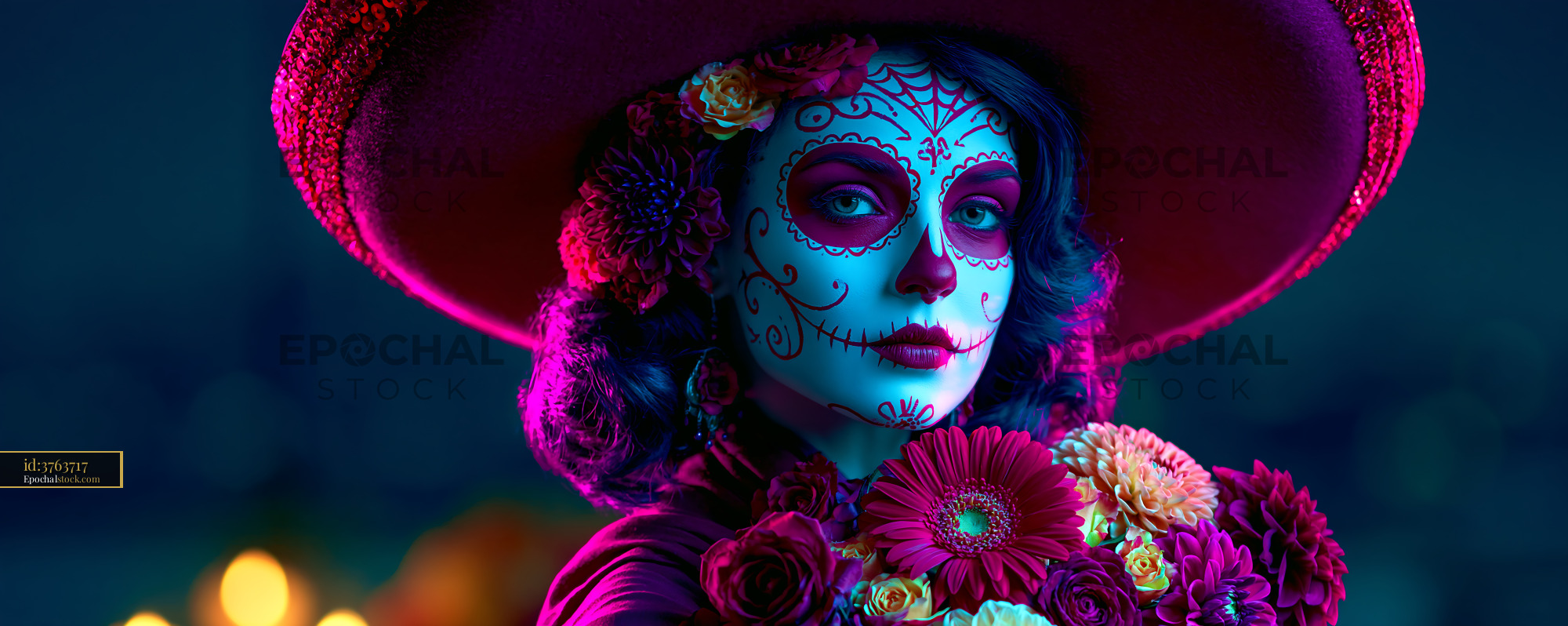 Watermarked full-resolution preview of Woman with skull makeup wearing hat and floral decorations
