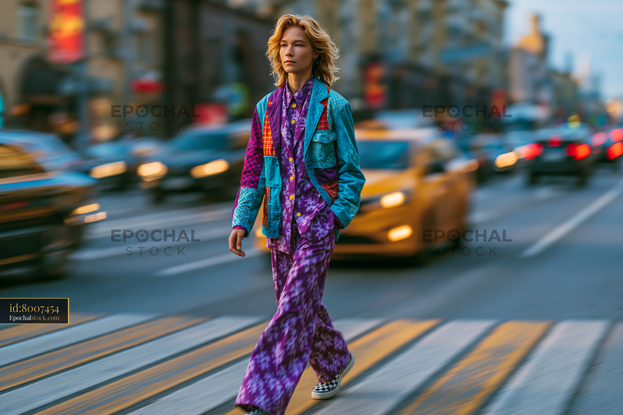 Watermarked full-resolution preview of Model walks on street in colorful outfit near traffic
