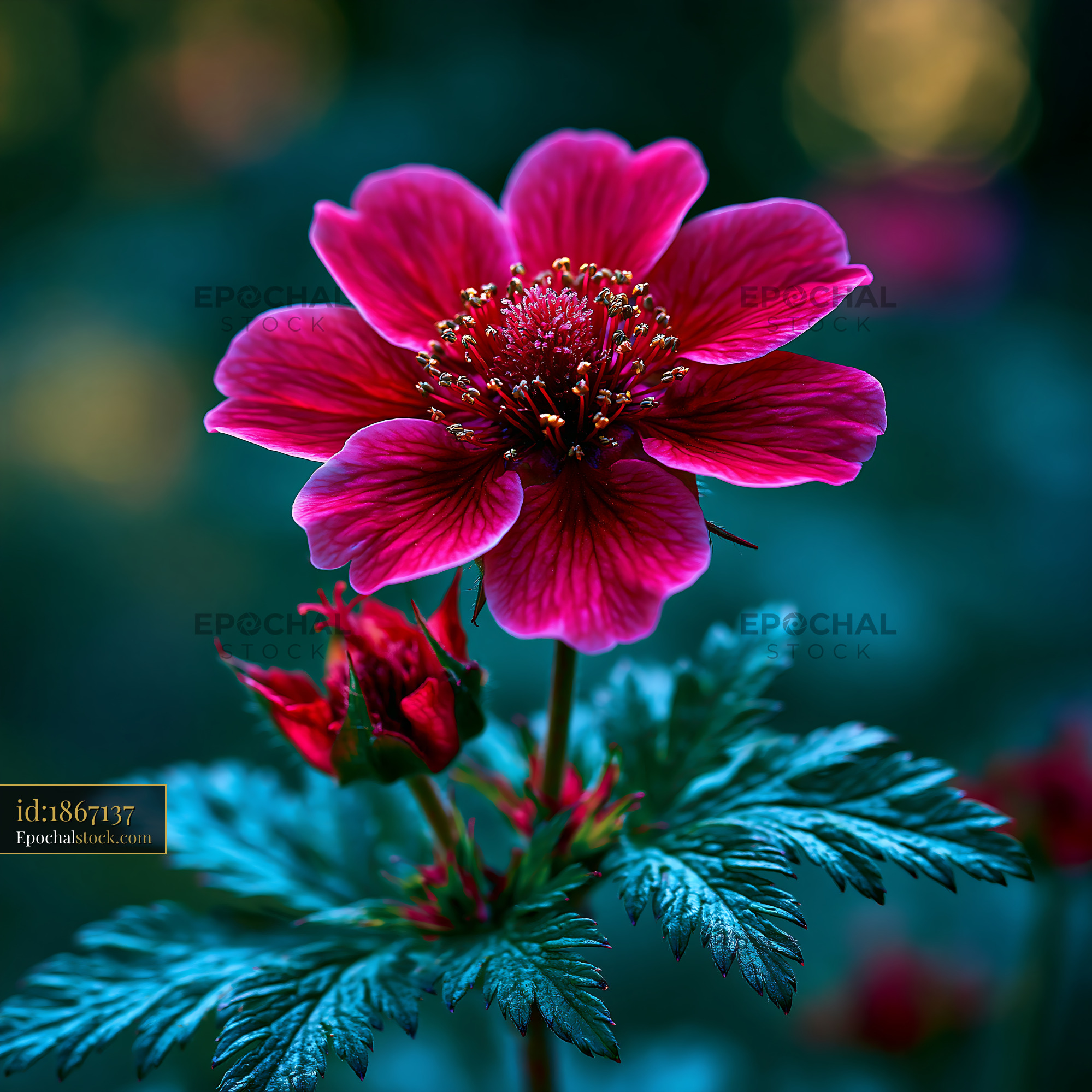 Watermarked full-resolution preview of Vibrant red flower with buds in a natural setting