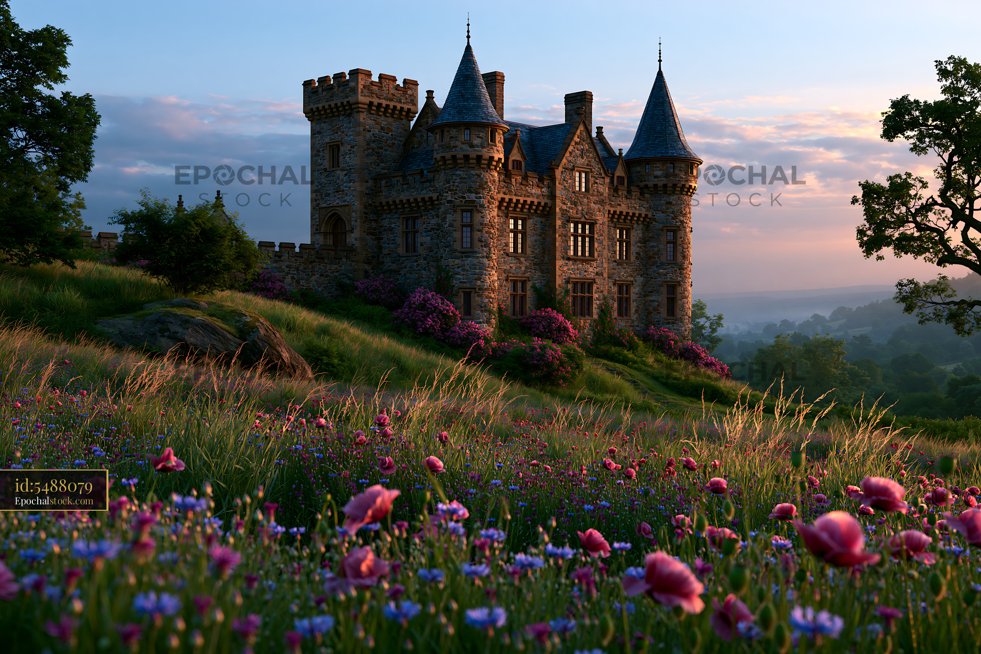 Watermarked full-resolution preview of Castle surrounded by flowers at sunset in a rural landscape