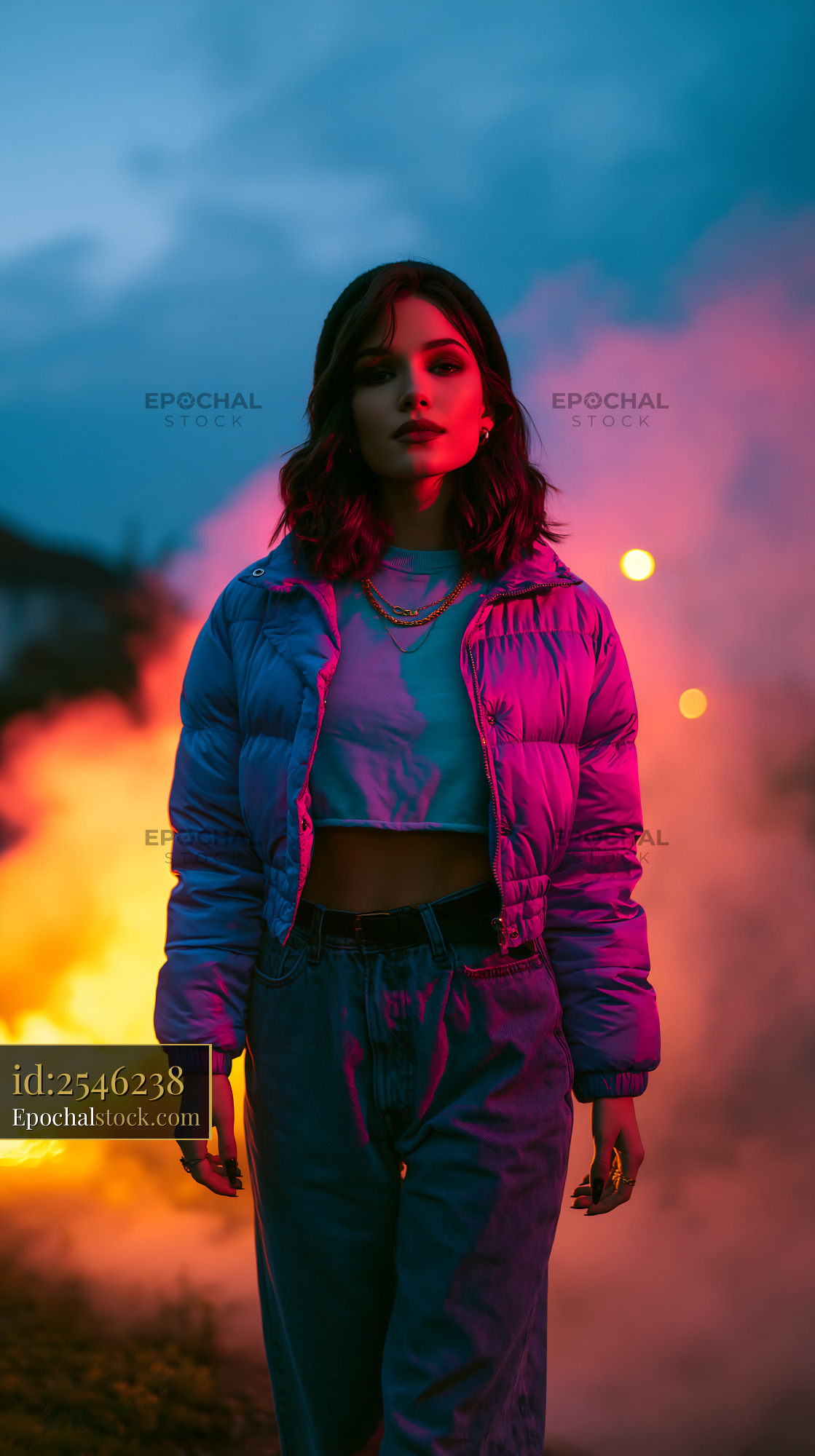 Striking Woman in Cropped Puffer Jacket Walking Through Smoke - stock photo