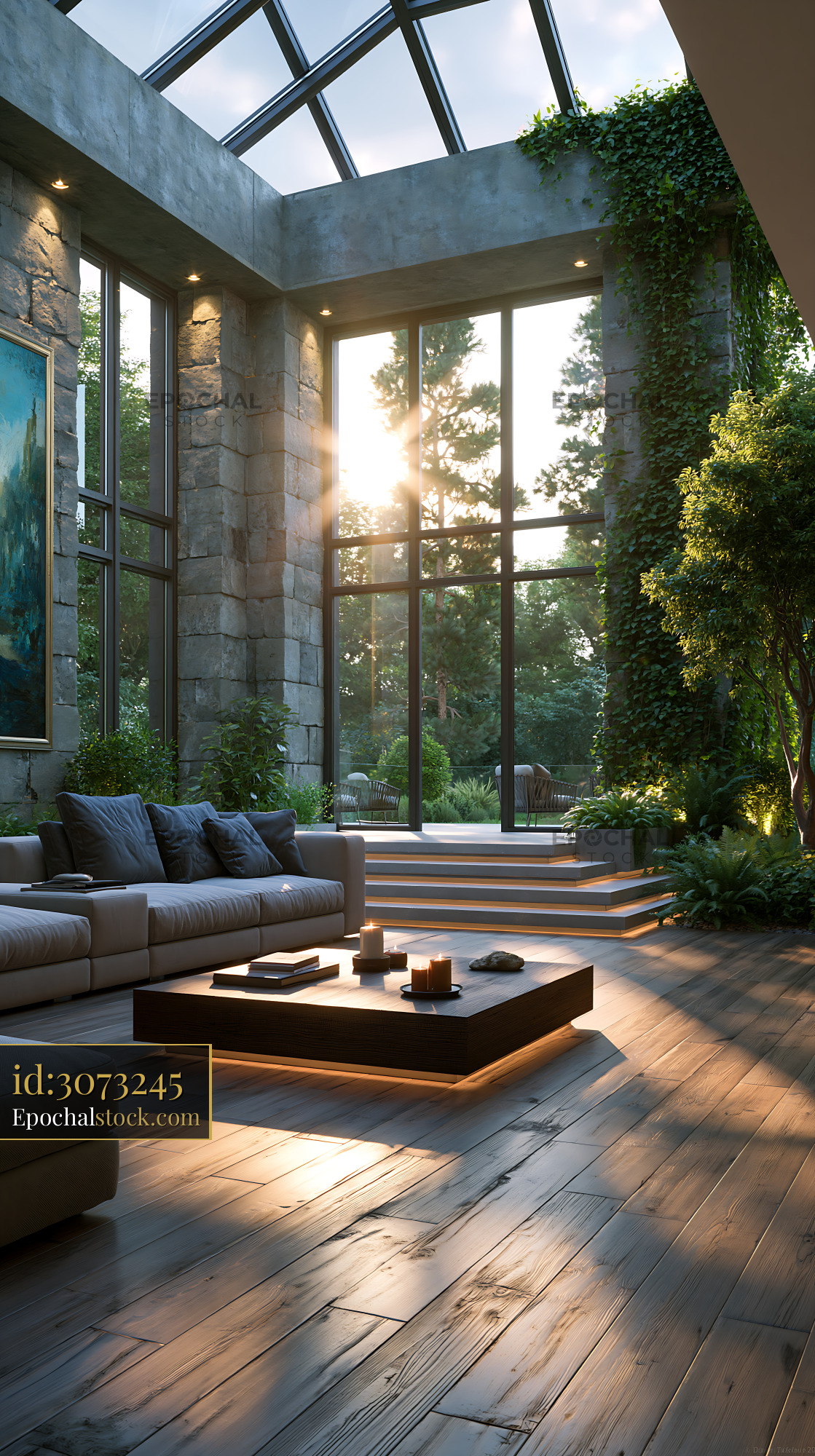 Watermarked full-resolution preview of Bright sun shining through large windows in modern living room