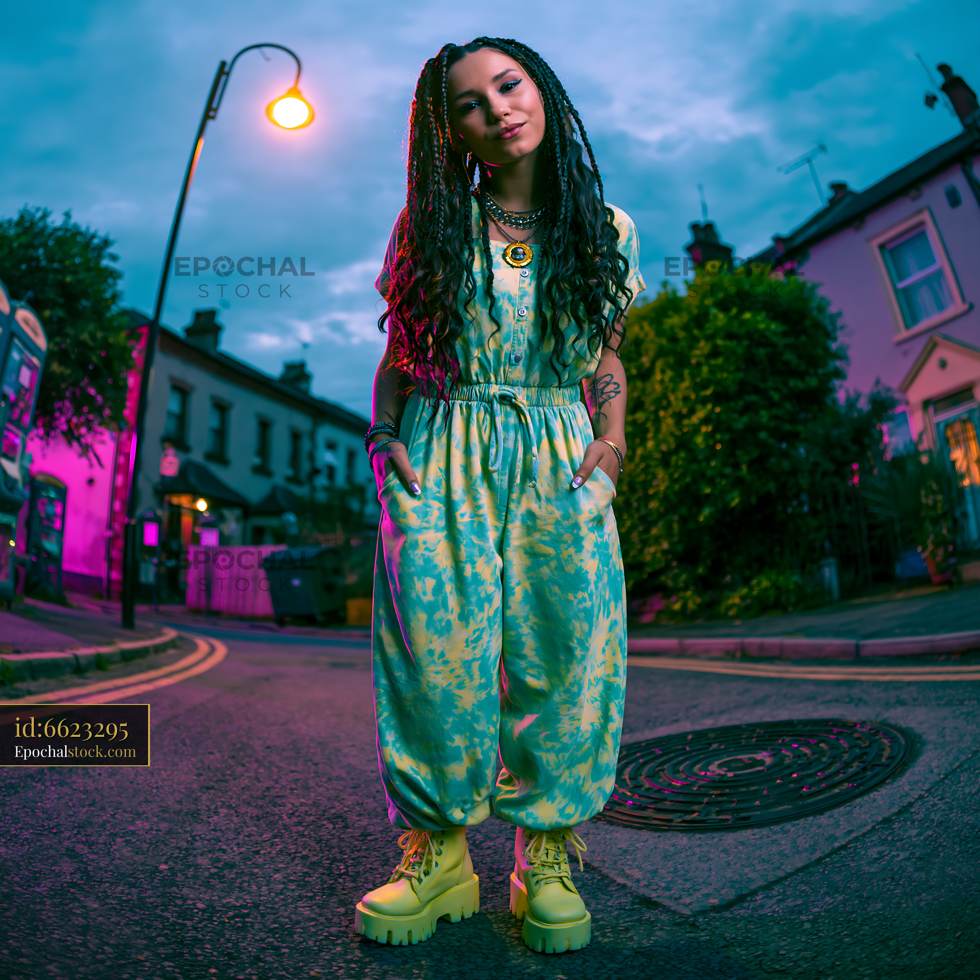 Watermarked full-resolution preview of Fashionable person stands on street at dusk in colorful outfit