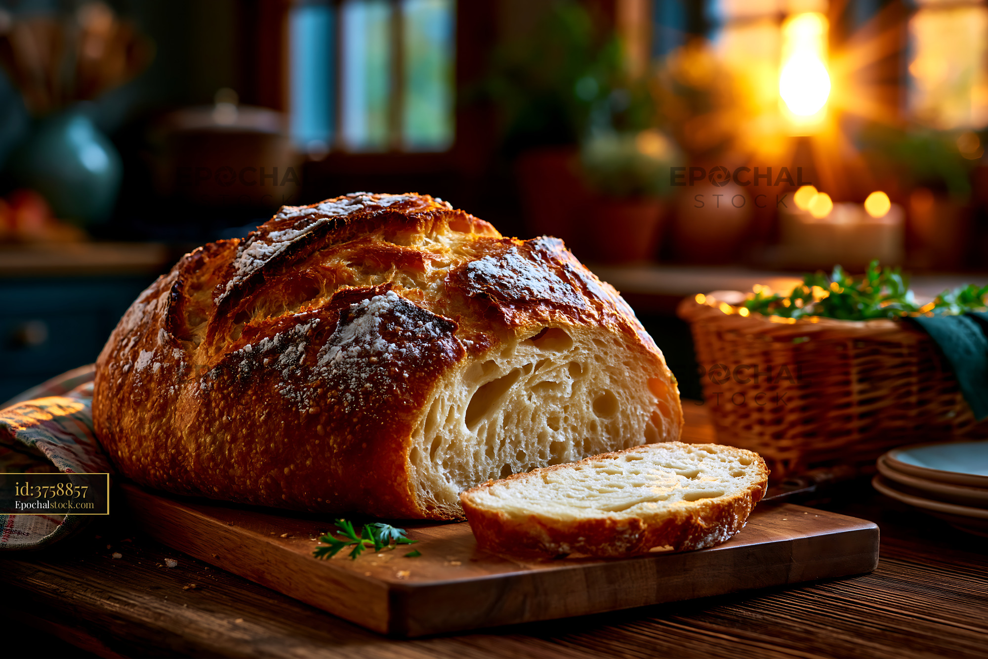 Watermarked full-resolution preview of Freshly baked bread on a wooden cutting board in a warm kitchen
