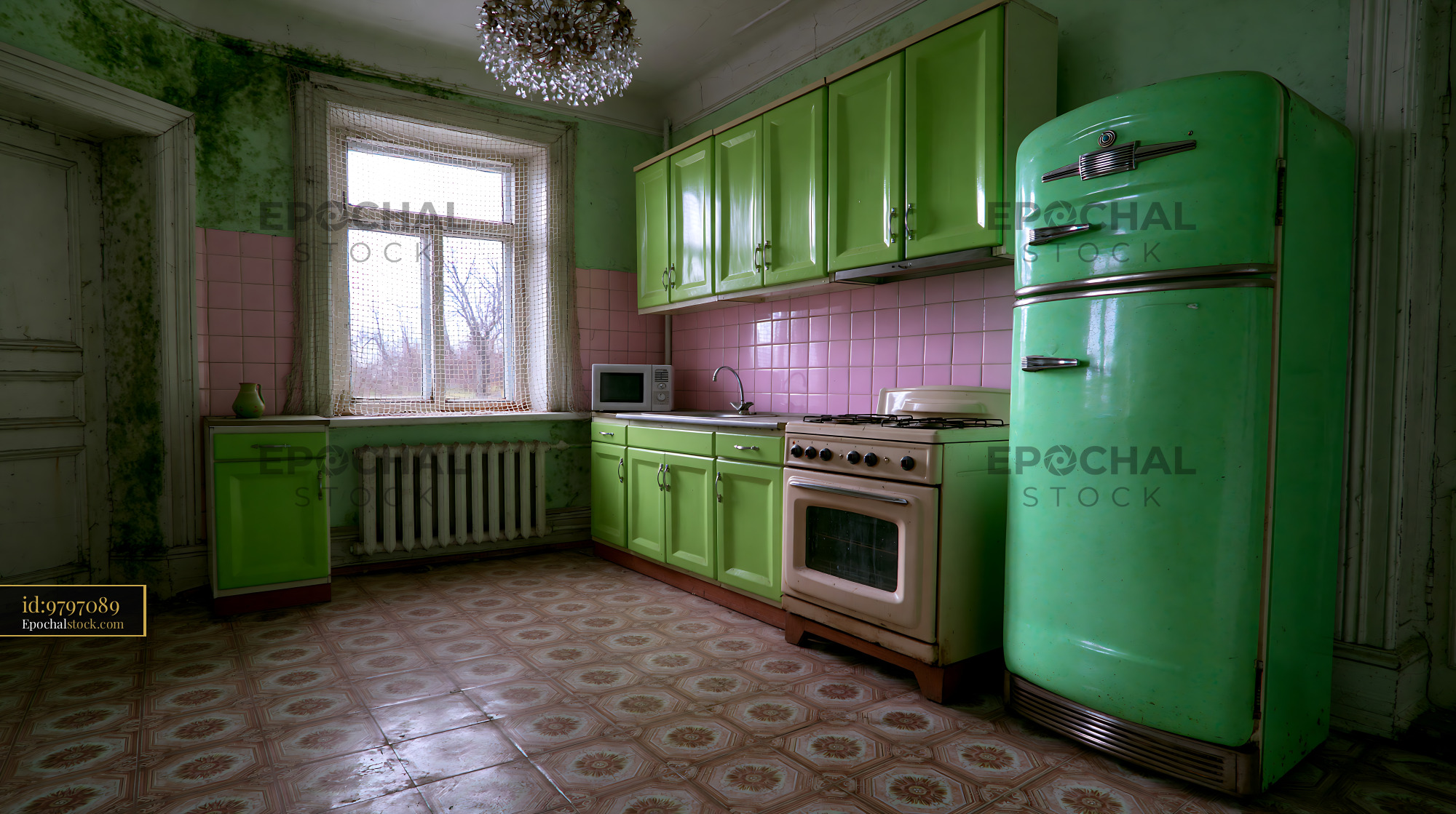 Watermarked full-resolution preview of Old kitchen with green cabinets and vintage appliances