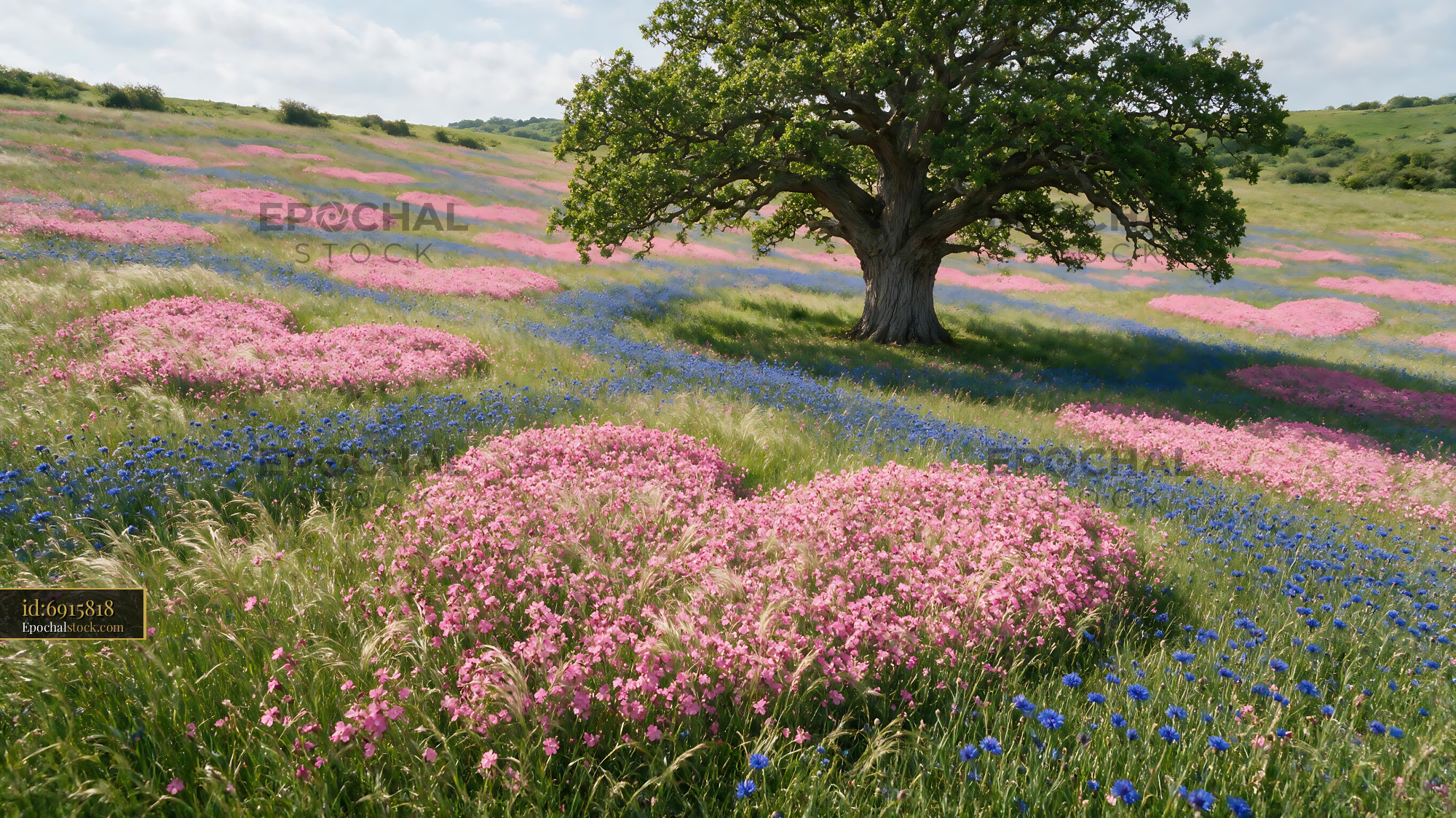 Watermarked full-resolution preview of Heart-shaped flower patches in a field under a tree