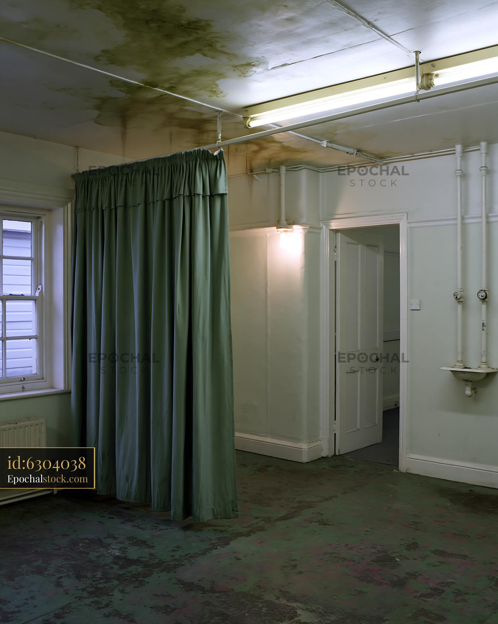 Room Interior With Curtain and Damp Ceiling - stock photo