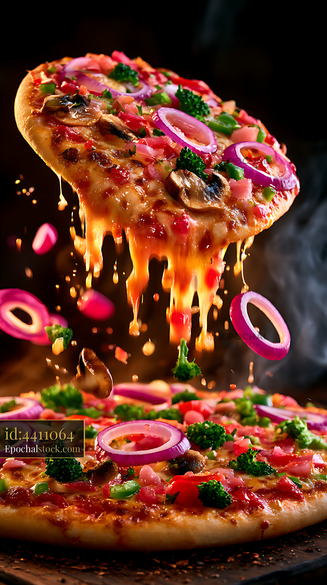 Watermarked full-resolution preview of Cheese pizza with toppings being pulled from the pie