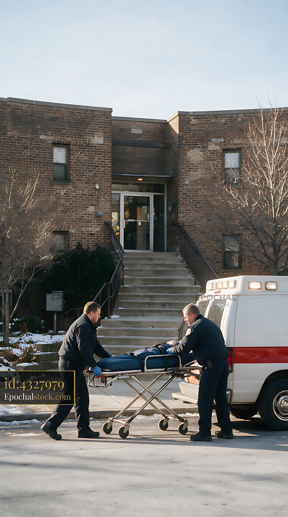 Watermarked full-resolution preview of Paramedics moving stretcher beside ambulance in winter