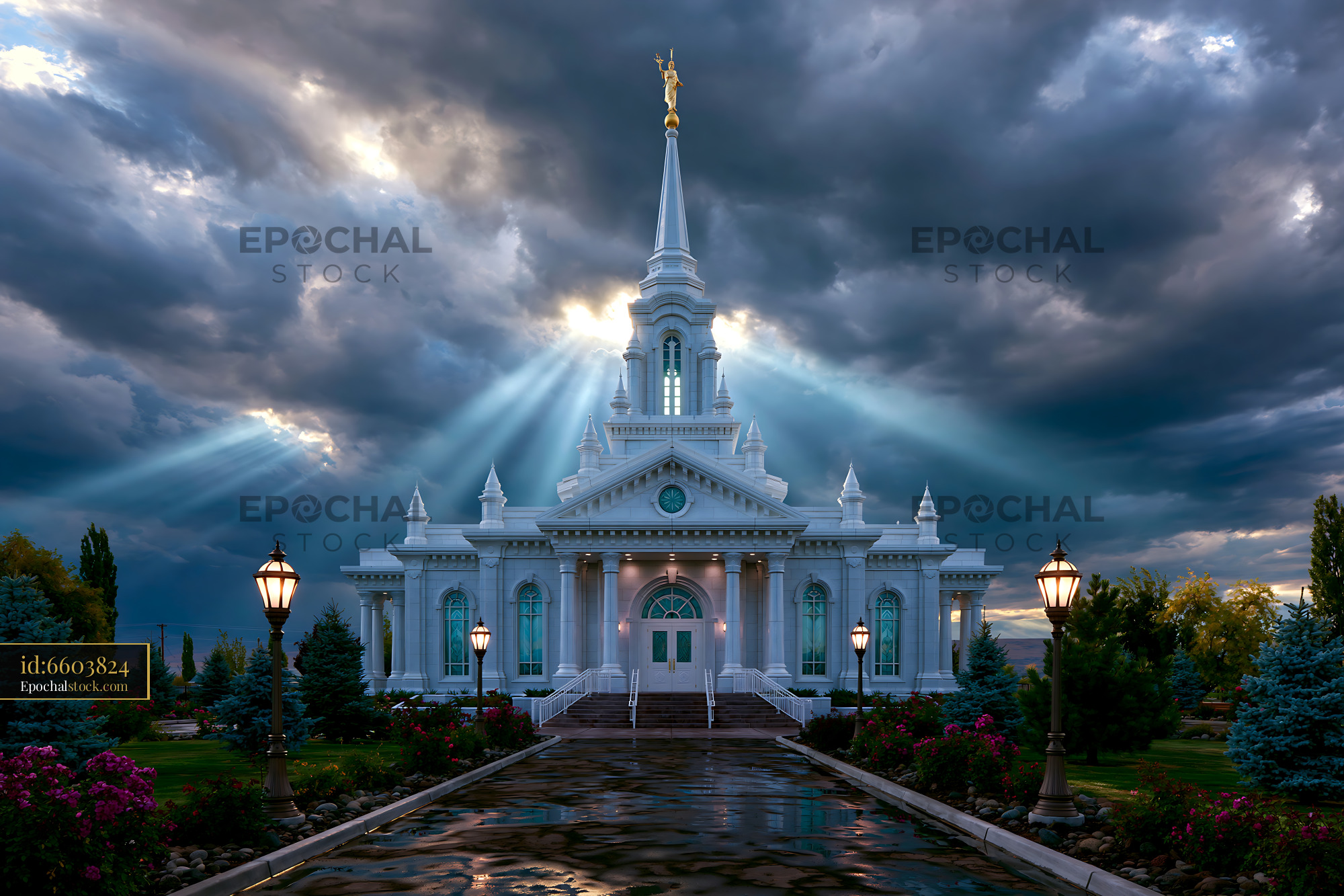 Watermarked full-resolution preview of Dramatic sky above a large church with shining lights