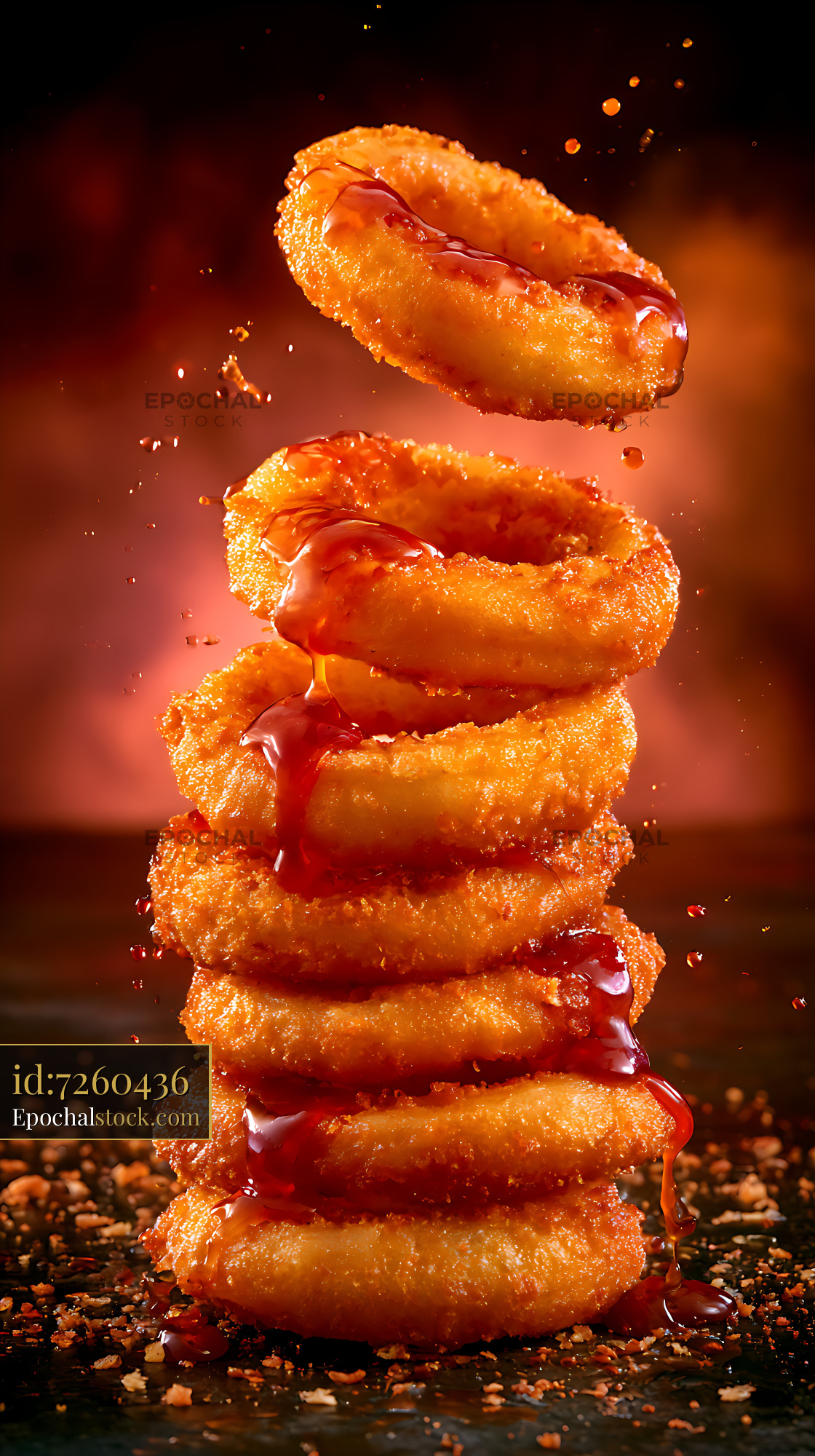 Watermarked full-resolution preview of Crispy onion rings stacked with glossy sauce