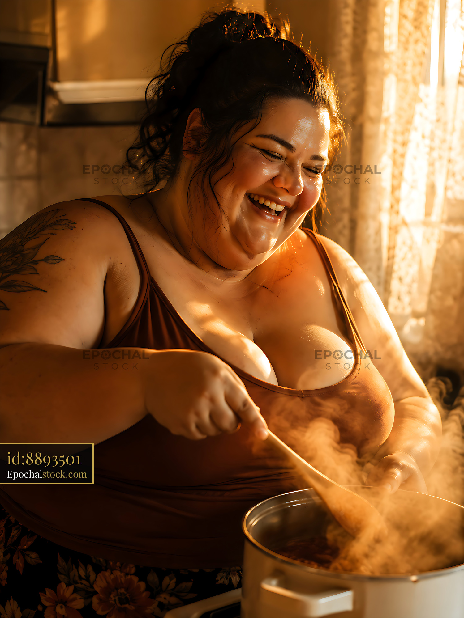 Watermarked full-resolution preview of Woman cooking in kitchen with sunlight filtering through window