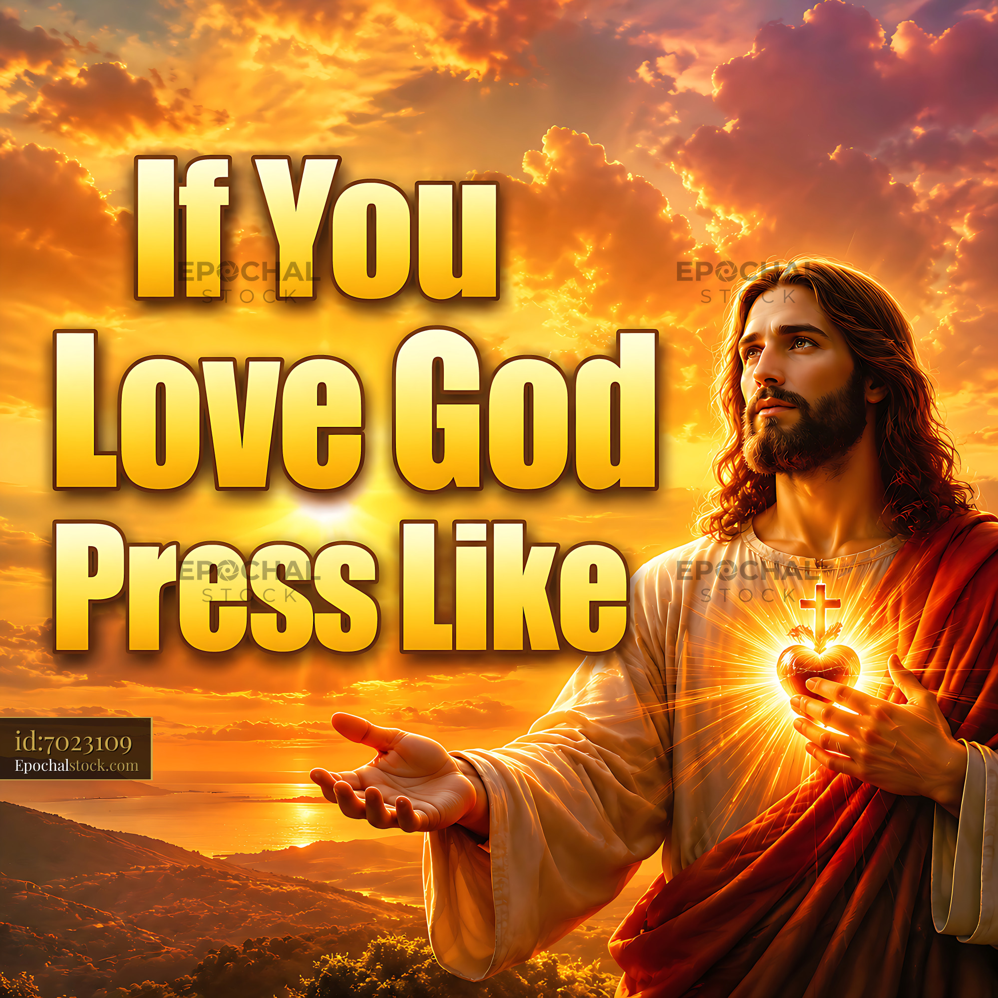 Watermarked full-resolution preview of Jesus with a glowing heart in a sunset background
