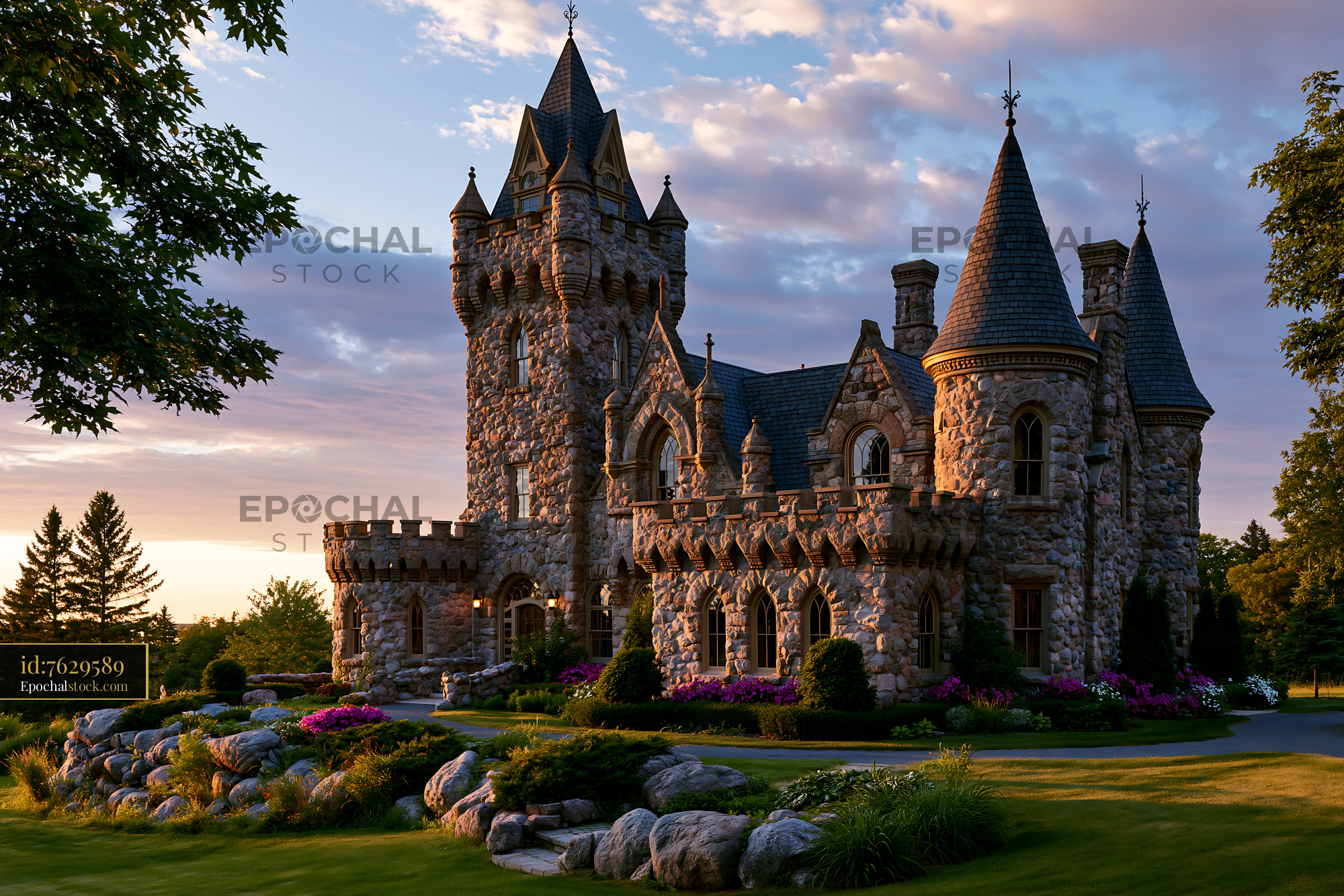 Watermarked full-resolution preview of Historic stone castle with towers in sunset light