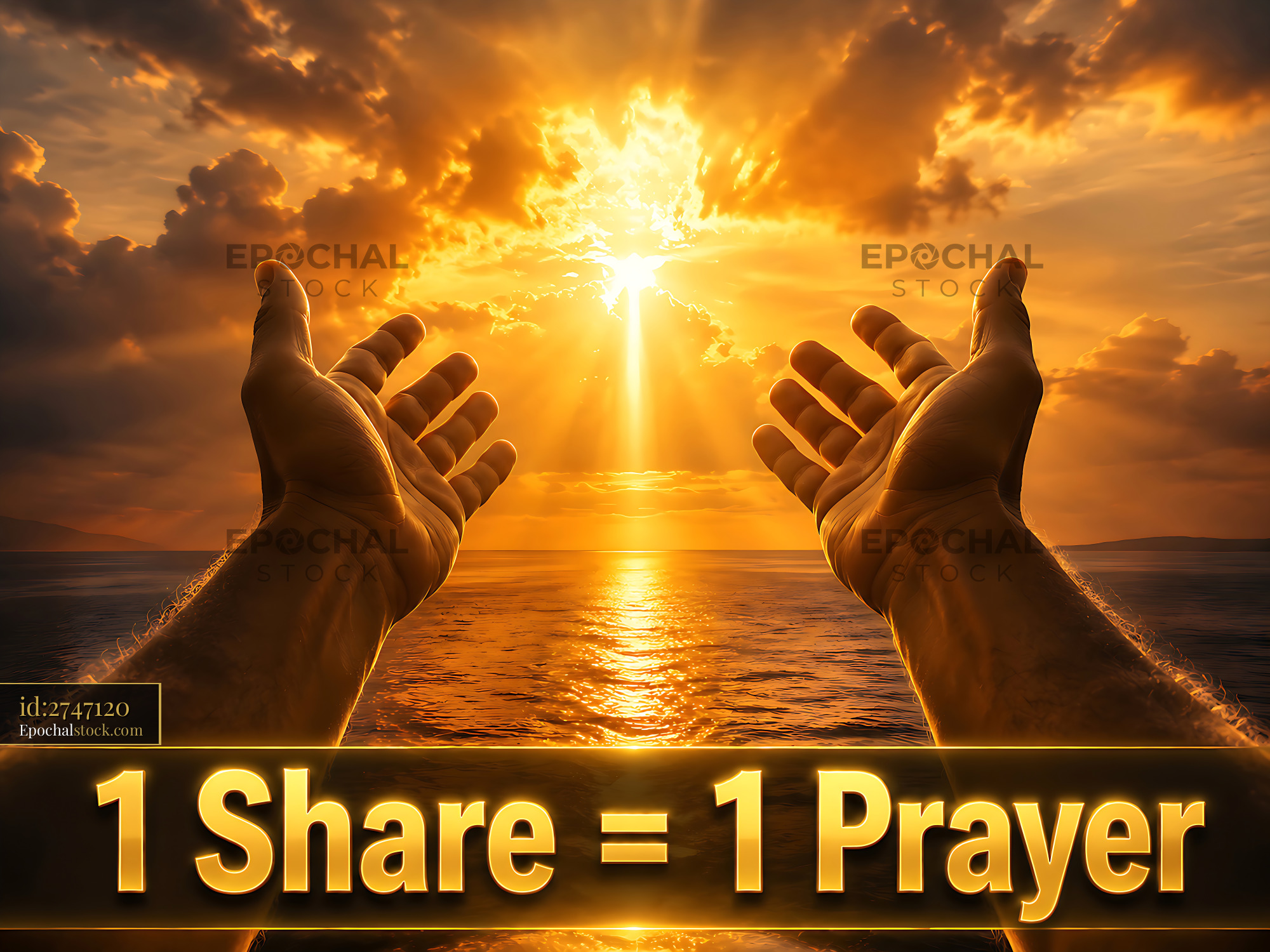Watermarked full-resolution preview of Hands reaching to the sky at sunset with a prayer message