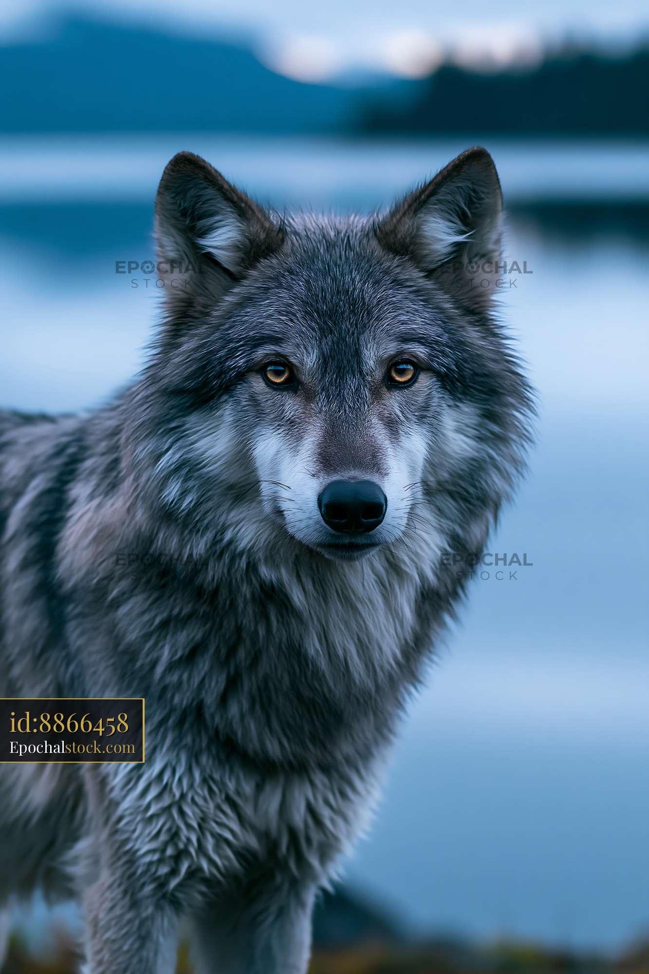 Watermarked full-resolution preview of Wolf standing near a lake in a natural setting during dusk