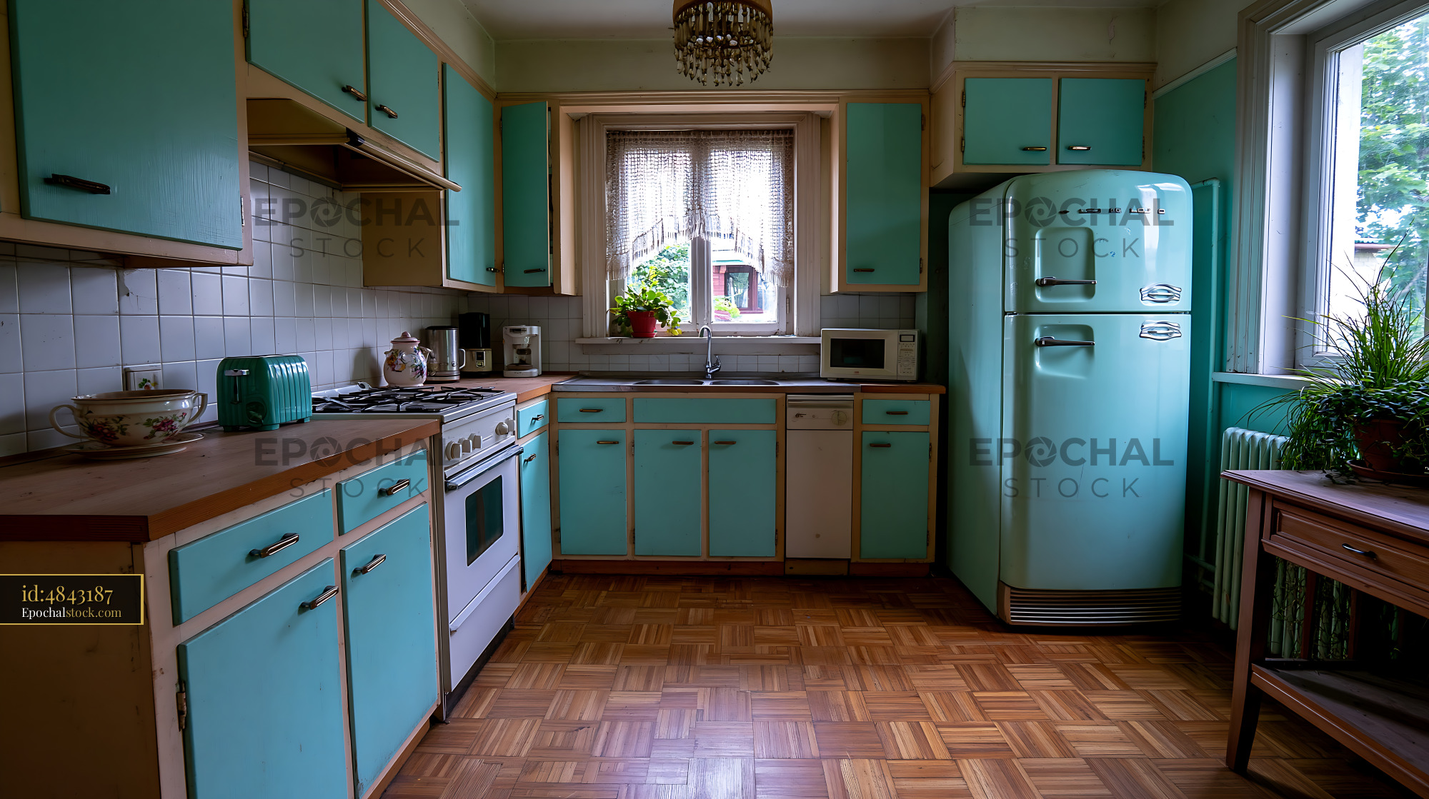 Watermarked full-resolution preview of Vintage kitchen with blue cabinets and retro appliances