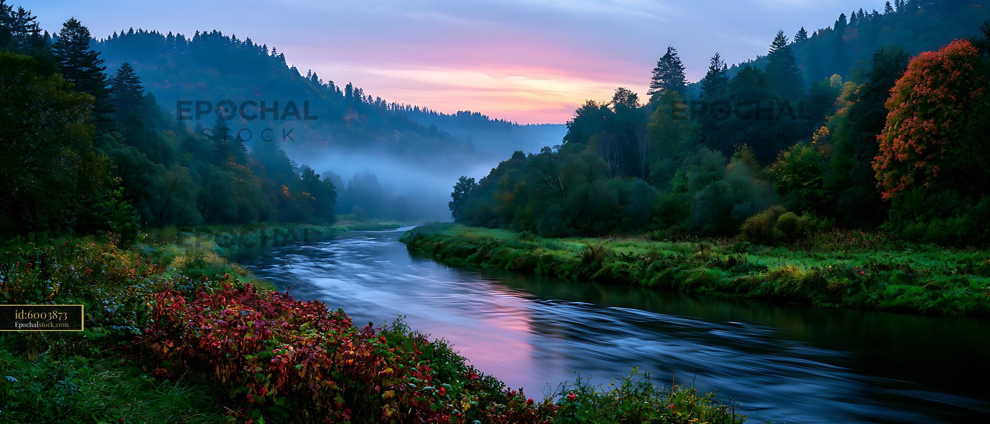 Watermarked full-resolution preview of River flows through forested hills under dawn sky