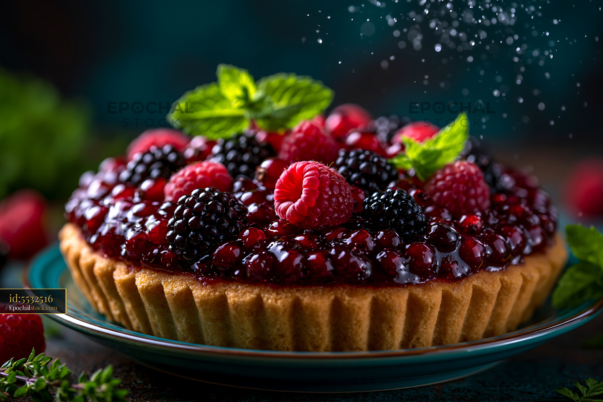 Watermarked full-resolution preview of Fresh fruit tart with raspberries and blackberries on a table