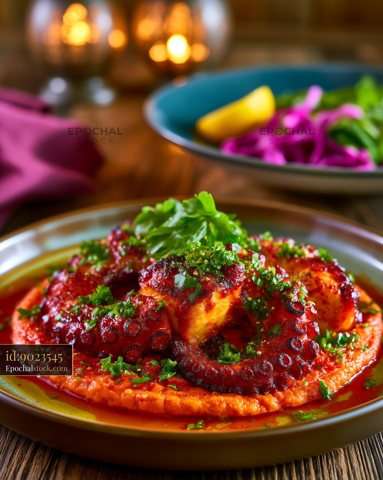 Watermarked full-resolution preview of Octopus dish served with sauce and vegetables on a plate