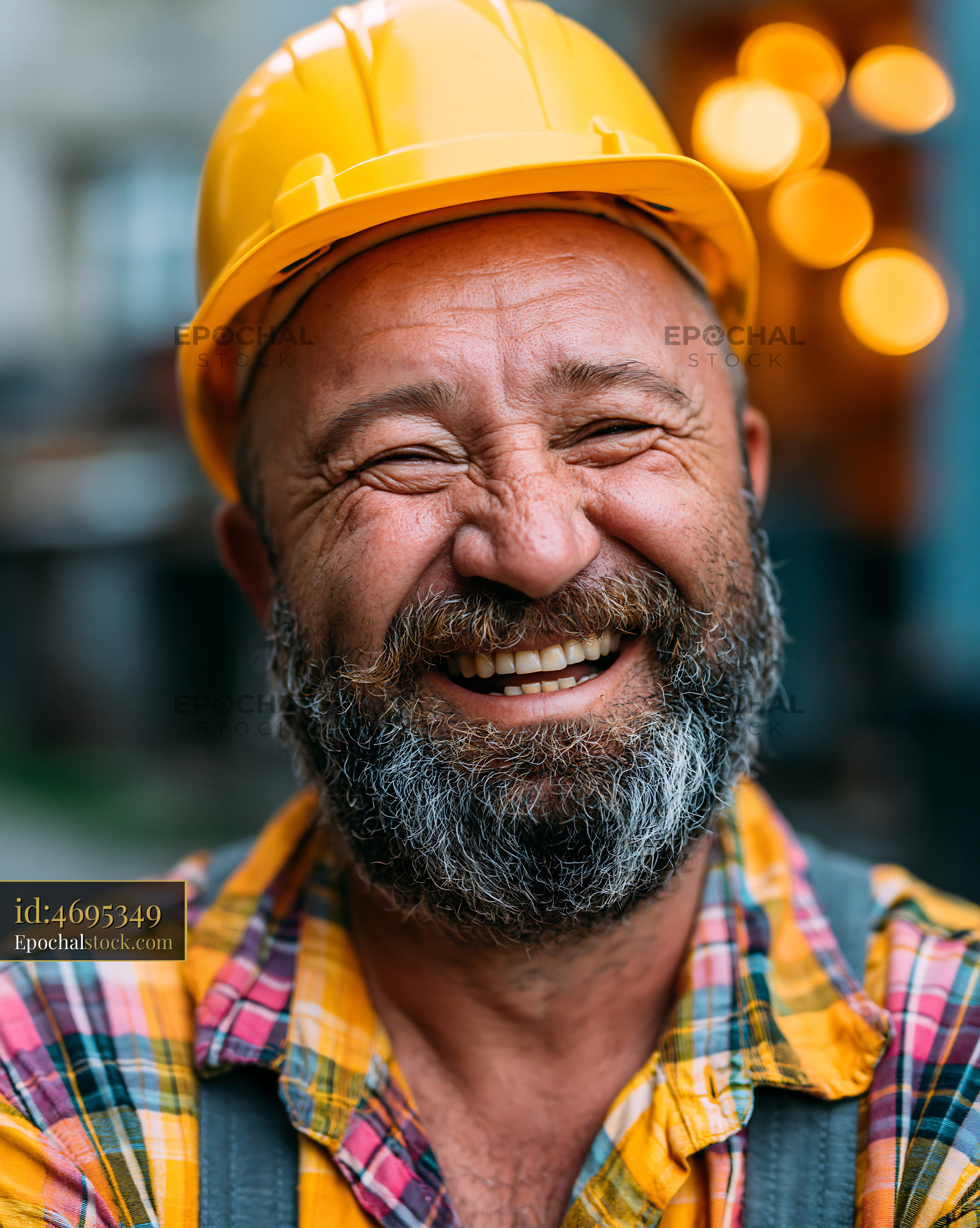 Construction Worker Smiling in a Bright Yellow Hard Hat Outdoors - stock photo