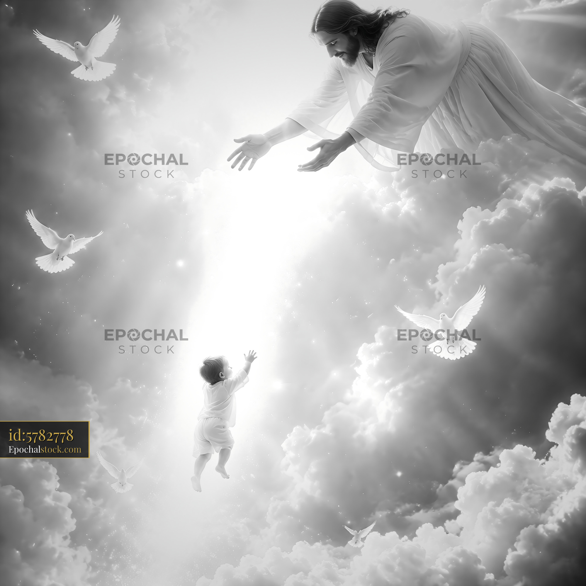 Watermarked full-resolution preview of Jesus reaching out to a child in a heavenly scene