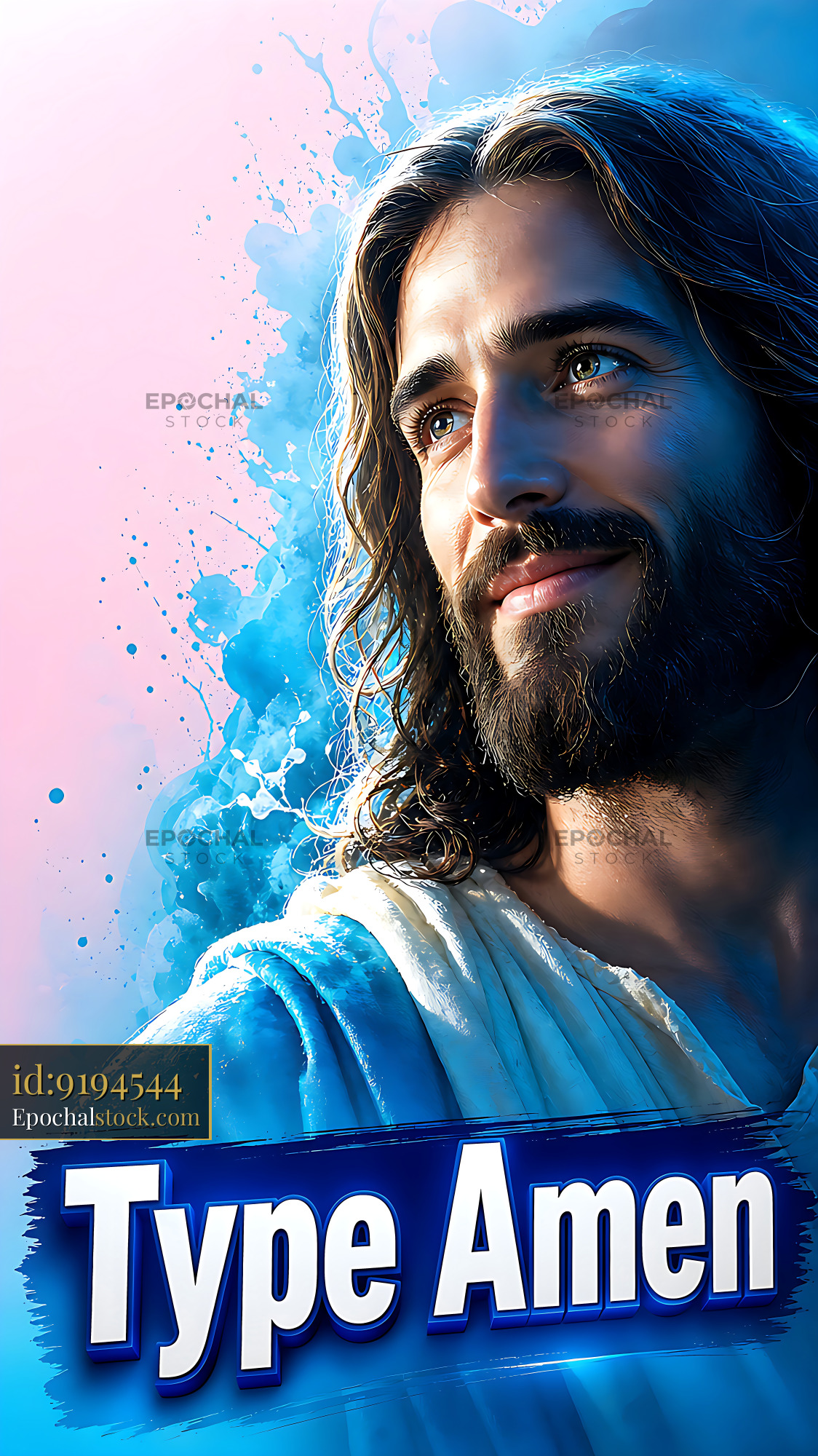 Watermarked full-resolution preview of Man with long hair and beard smiling with blue accents