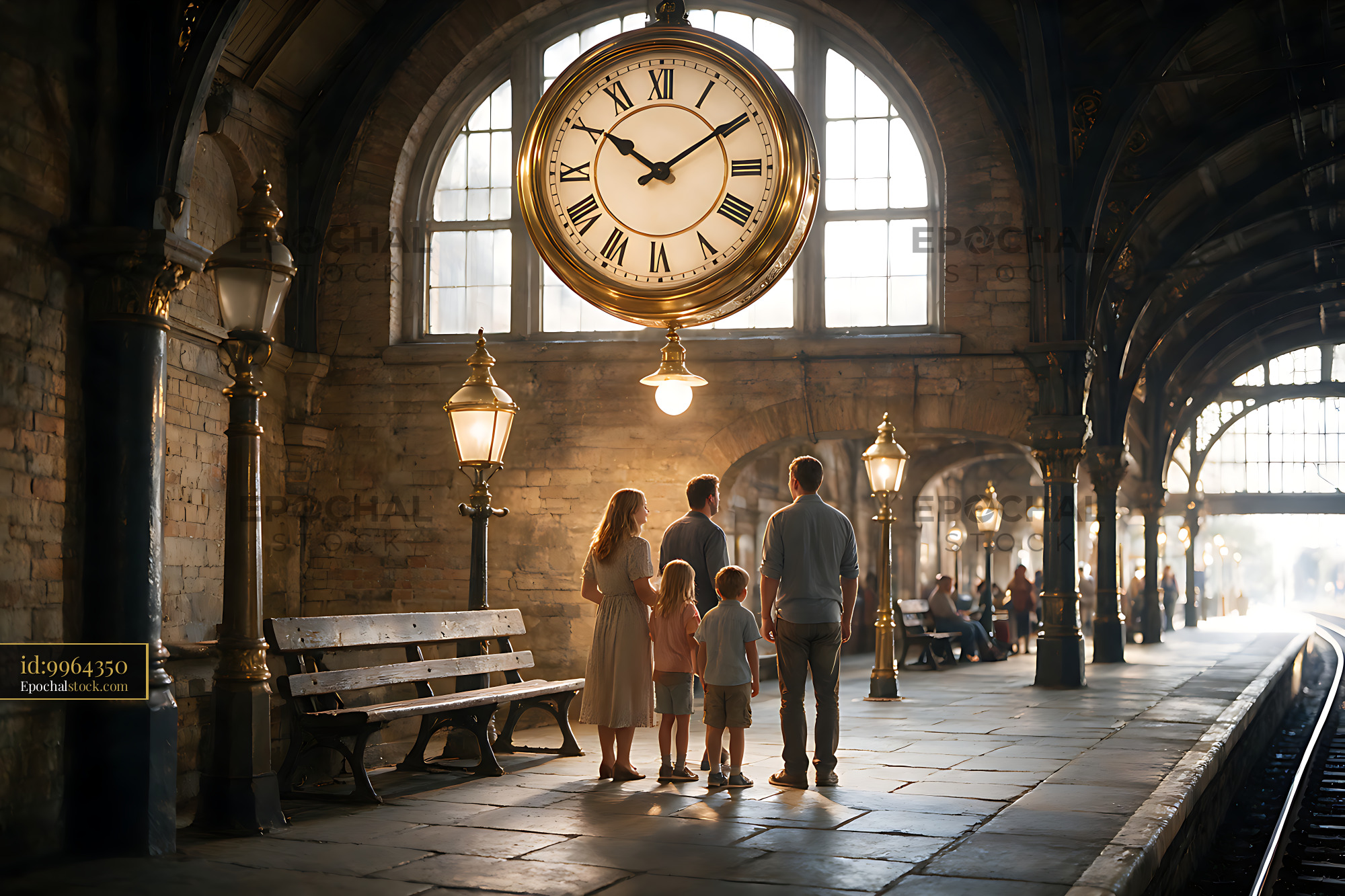 Watermarked full-resolution preview of Family on a train platform beneath a large station clock