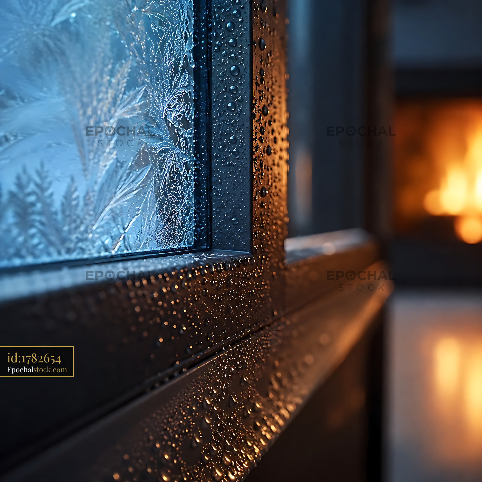 Watermarked full-resolution preview of Cold window with frost and warm fire in the background