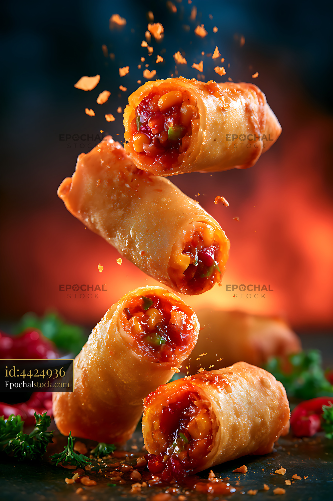 Watermarked full-resolution preview of Crunchy rolls filled with vegetables falling against a dark background