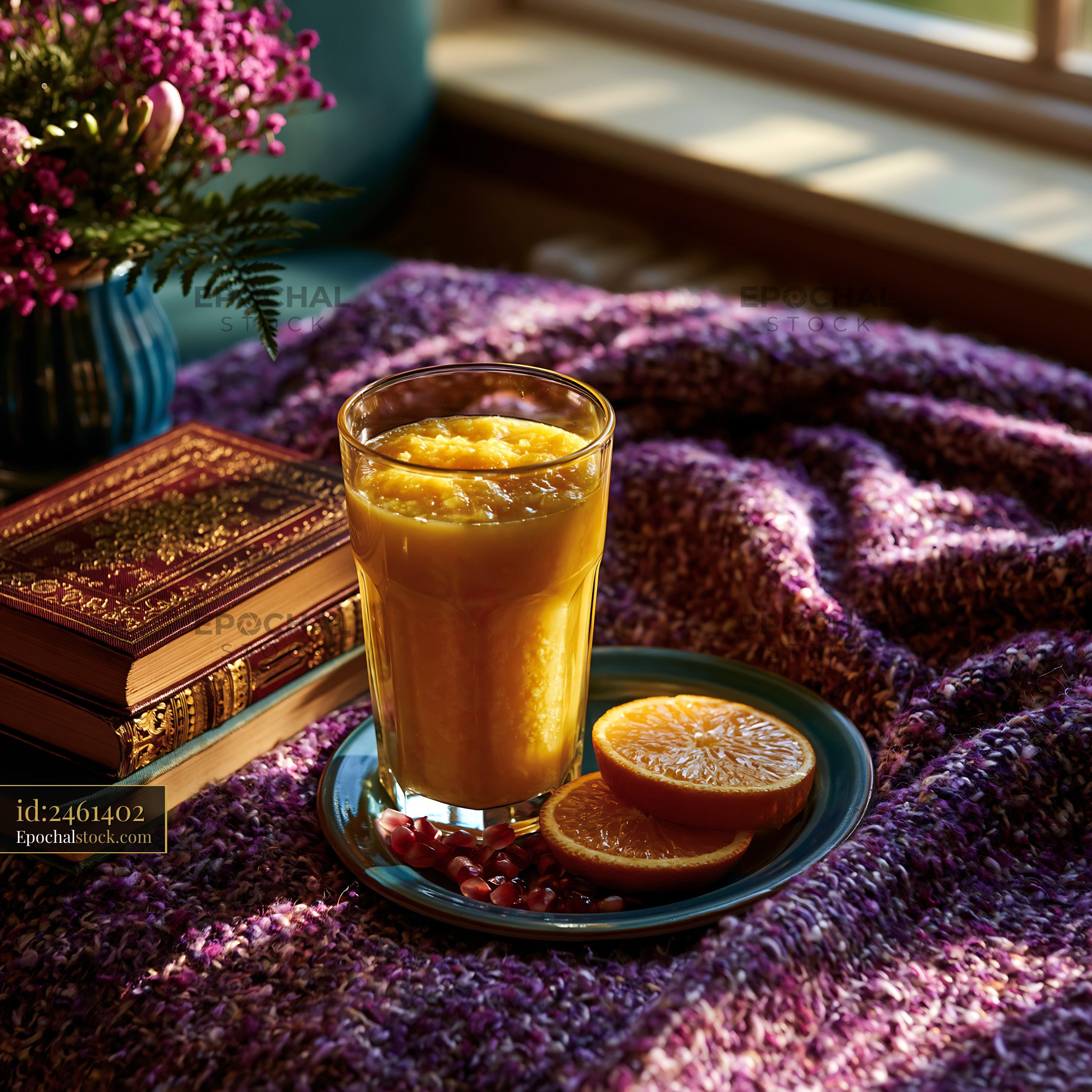 Watermarked full-resolution preview of Orange juice and citrus fruit arranged in warm natural light