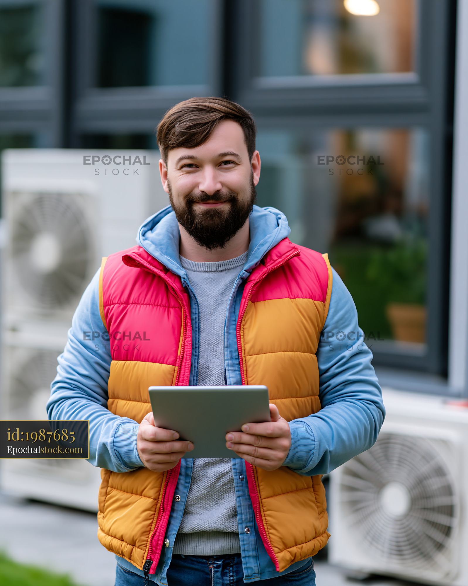 Watermarked full-resolution preview of Man holding tablet in colorful vest outdoors