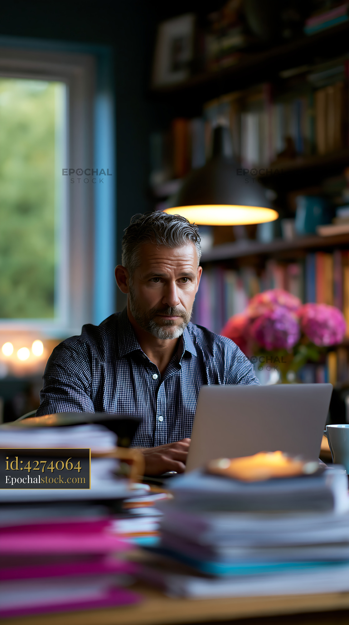 Watermarked full-resolution preview of Man working on a laptop in a cozy home office setting