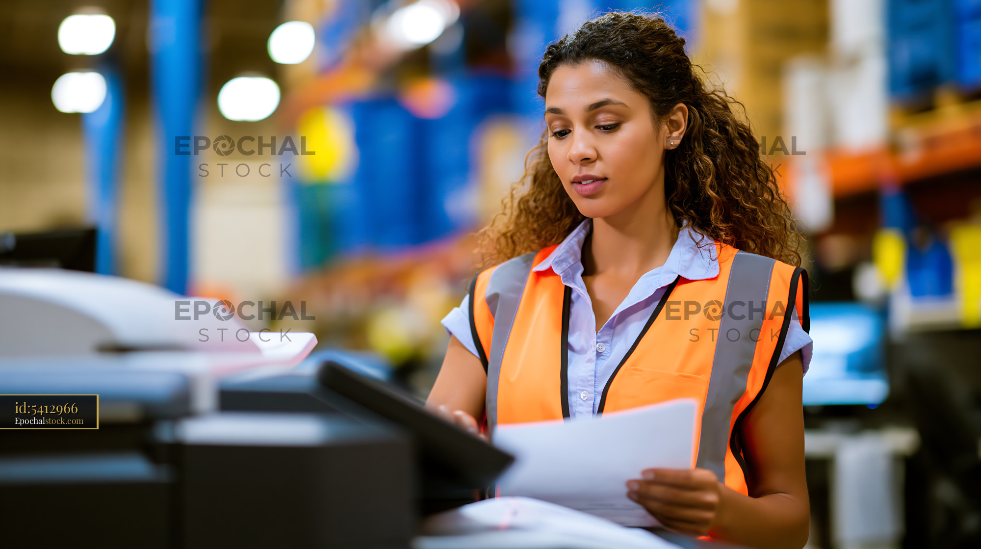 Watermarked full-resolution preview of Worker using printer in warehouse setting during the day